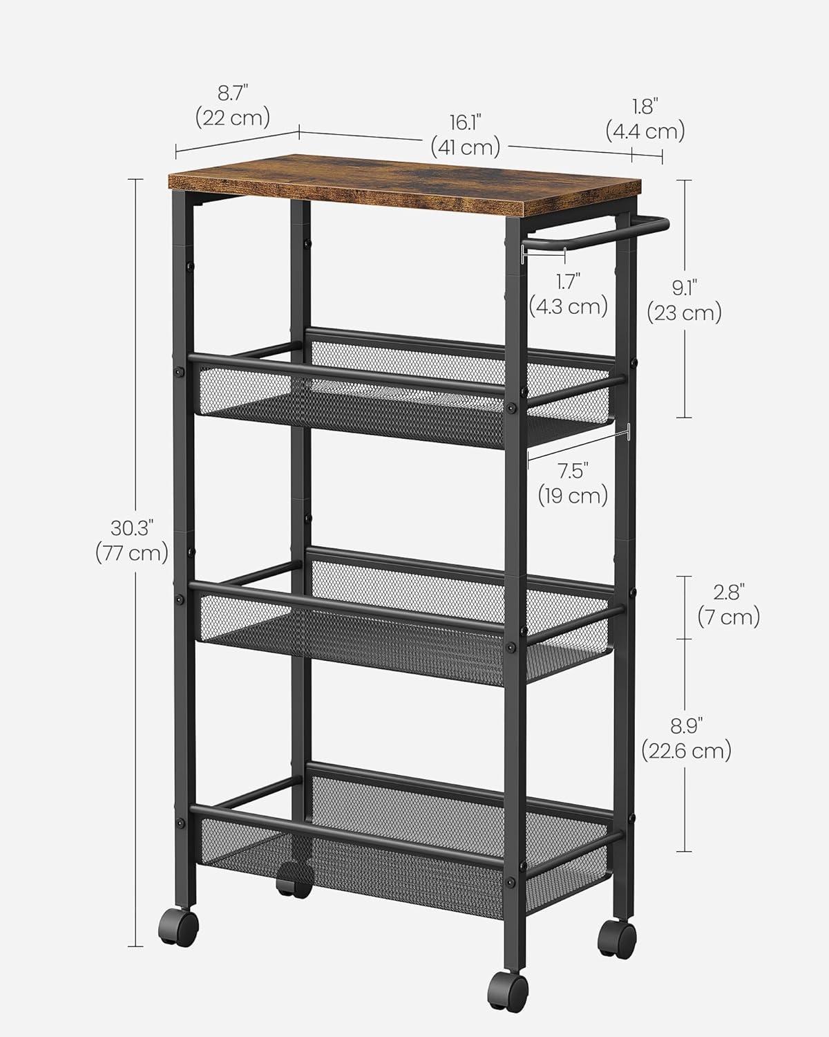 Slim White and Oak 4-Tier Rolling Kitchen Cart with Storage