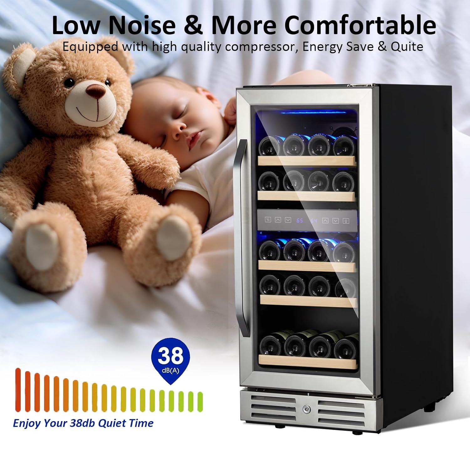 15 Inch Wine Cooler Under Counter, 29 Bottle Dual Zone Wine Fridge Wine Refrigerator with Stainless Steel Digital Temperature Control, Temperature Memory, Built-in or Freestanding Wine Cellar