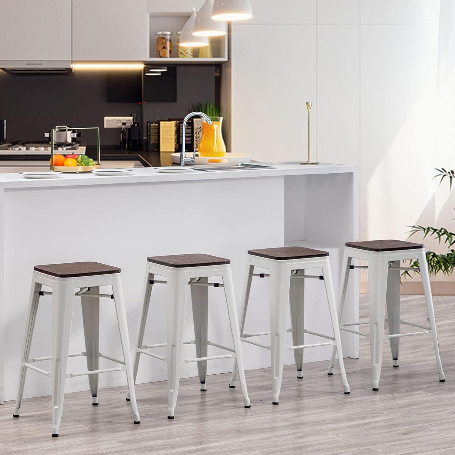 Cream White and Wood Saddle Style Swivel Bar Stools