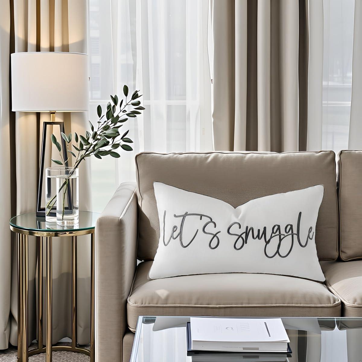 Sunkifover Let's Snuggle Decorative Lumbar Pillow Cover - 12x20 Inch White and Grey Cotton Embroidery Throw Pillowcase for Bed, Bedroom, Living Room, Home Decor