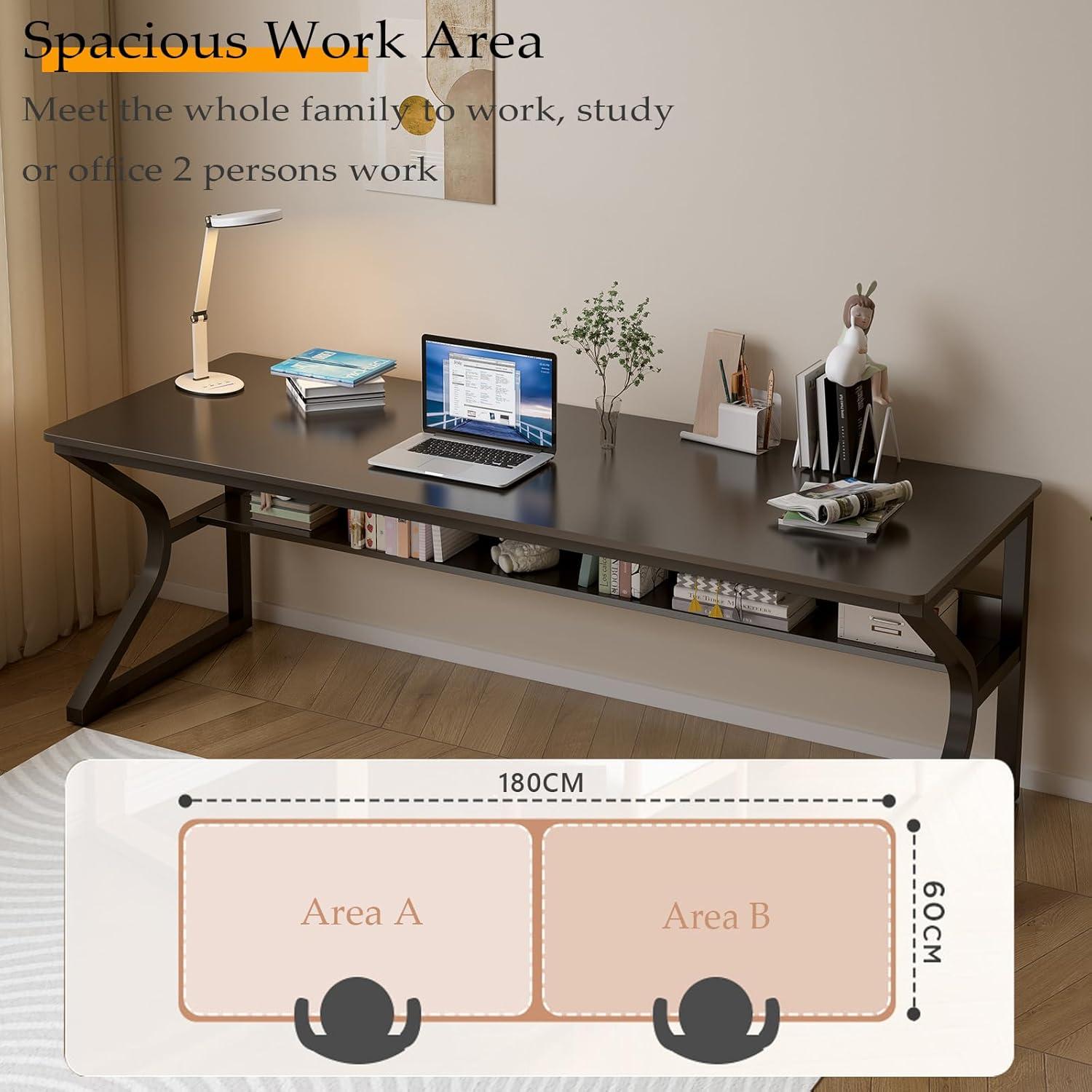 Latitude Run® Extra Long Desk with Bookshelf - 71" Double Long Writing Table for 2-Person Workstation