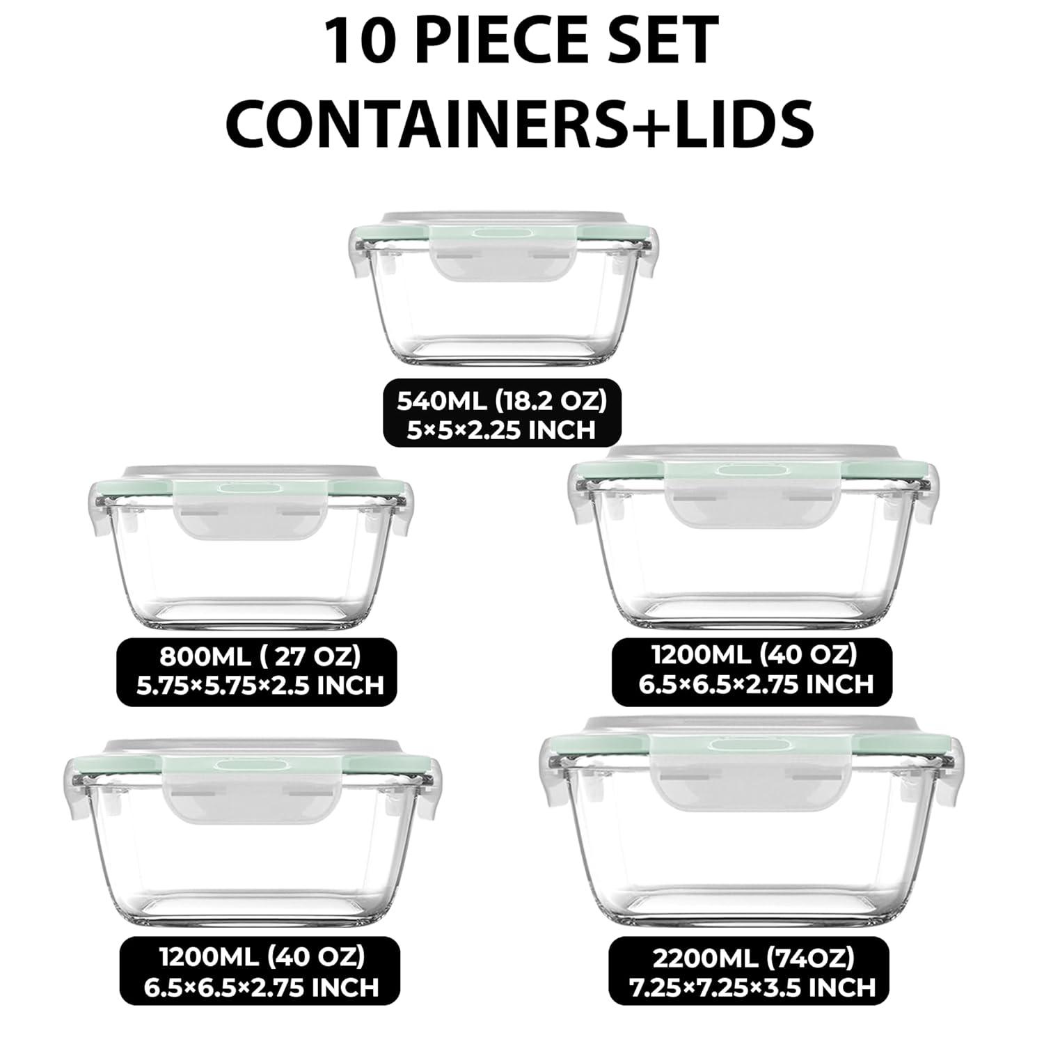 Razab 10-Piece Glass Food Storage Containers with Airtight Lids – Leakproof, BPA-Free, Oven, Microwave, Freezer & Dishwasher Safe Meal Prep Containers for Kitchen & Pantry Organization