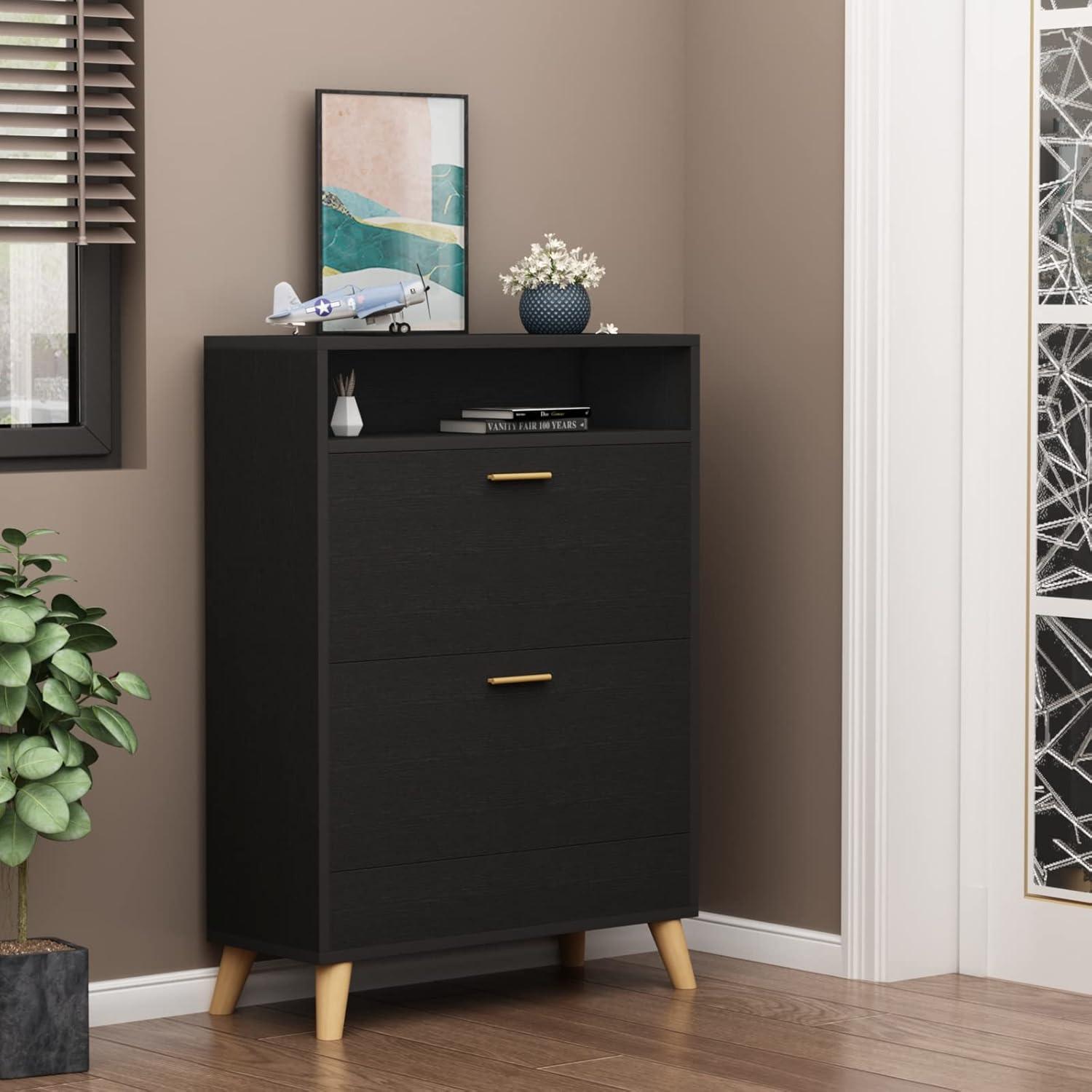 Shoe Storage Cabinets, 16 Pairs Free Standing Shoe Organizer with 2 Flip Drawers for Entryway, Narrow 3 Tier Entryway Hidden Shoe Rack with Doors (Dark Black)