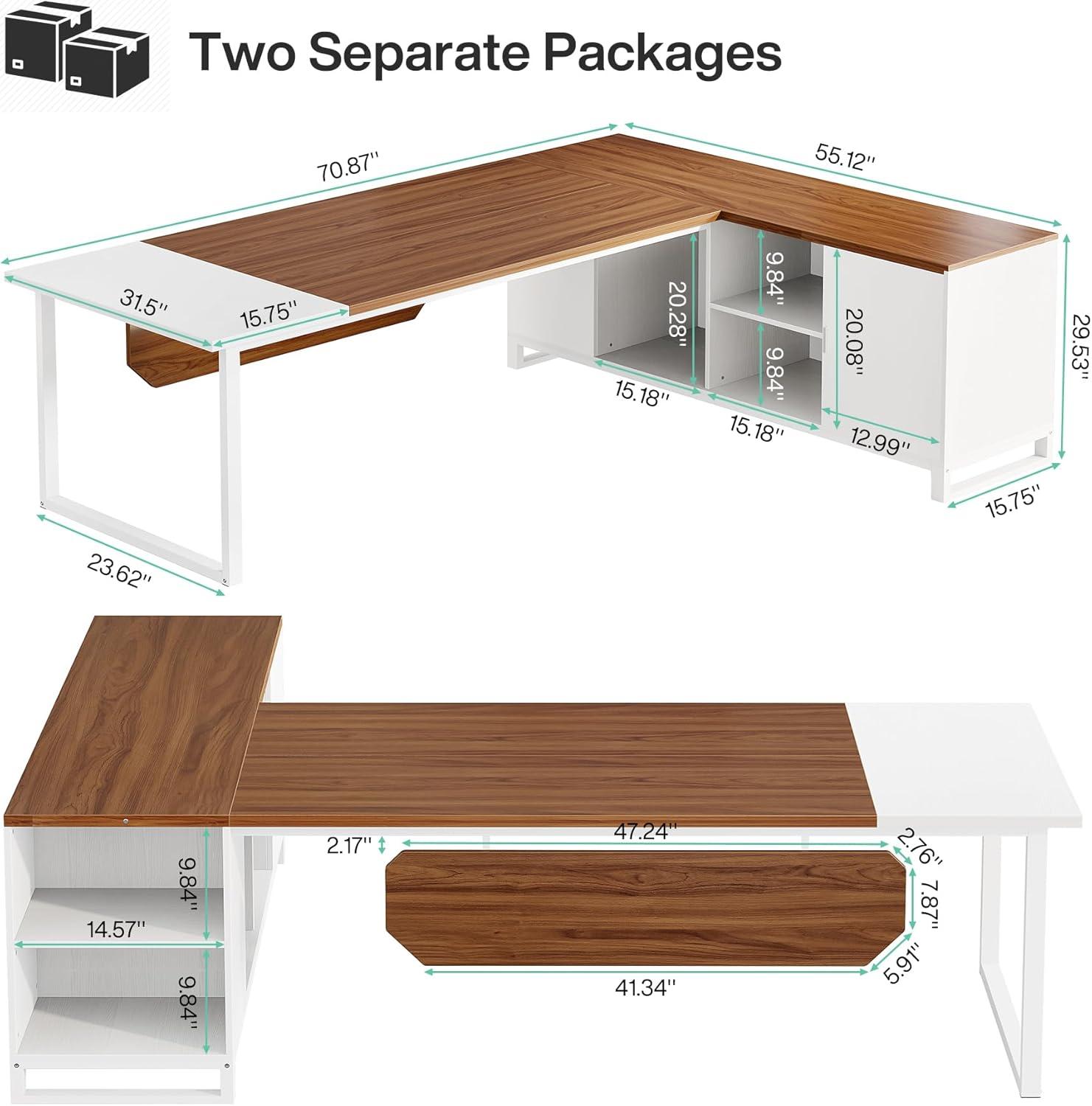 Tribesigns 70.8" Executive Desk with 55" File Cabinet, Industrial L Shaped Computer Desk, Large Executive Desk for Home Office, Walnut & White
