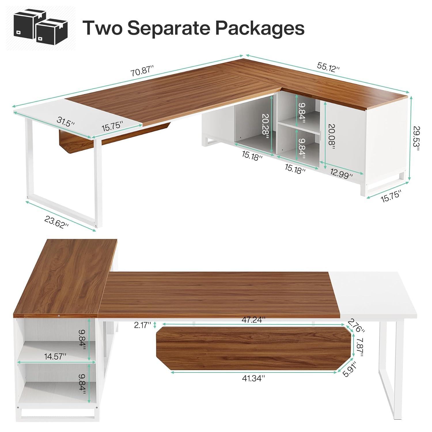 Tribesigns 70.8" Executive Desk with 55" File Cabinet, Industrial L Shaped Computer Desk, Large Executive Desk for Home Office, Walnut & White