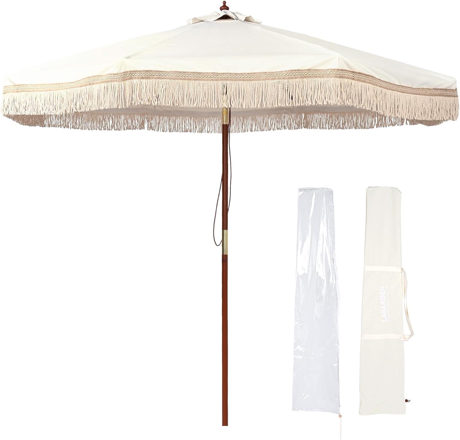 LAGarden BOHO 9' Fringe Patio Umbrella with Tassels UPF50+ Boho Style 5-Year-Non-Fading for Outdoor Yard Market Ivony Xchevron white