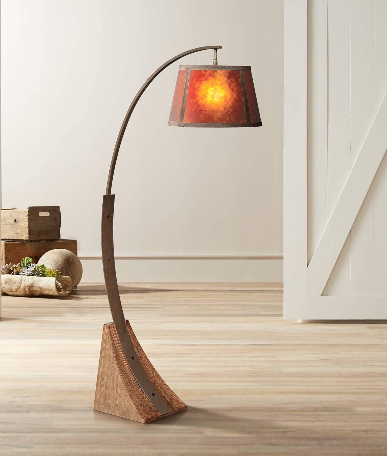 Franklin Iron Works Mission Arc Floor Lamp with USB Charging Port 66 1/2" Tall Dark Rust Amber Mica Shade for Living Room Reading