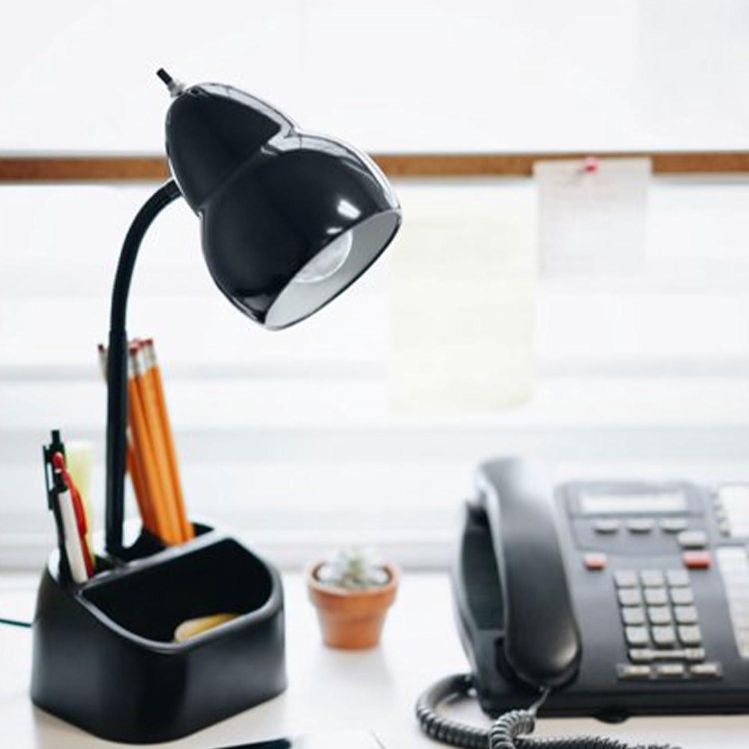 Globe Electric 6.3 x 6.69 x 10.63 Inches Goose Neck Desk Lamp with 10 Watt A-19 Non Dimmable LED Bulb, 2.1a USB Port and Organizer, Black
