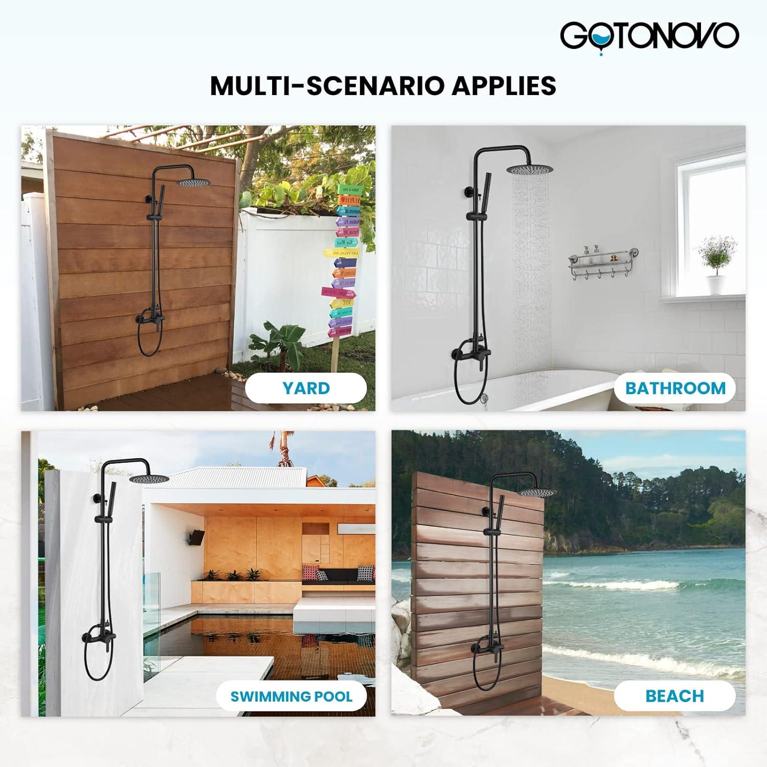 gotonovo Matte Black Outdoor Shower Fixture Rainfall Single Handle Shower System Set High Pressure Wall Mount 2 Dual Function 8 Inch Shower Head and Handheld Spray SUS304 Shower Faucet Combo