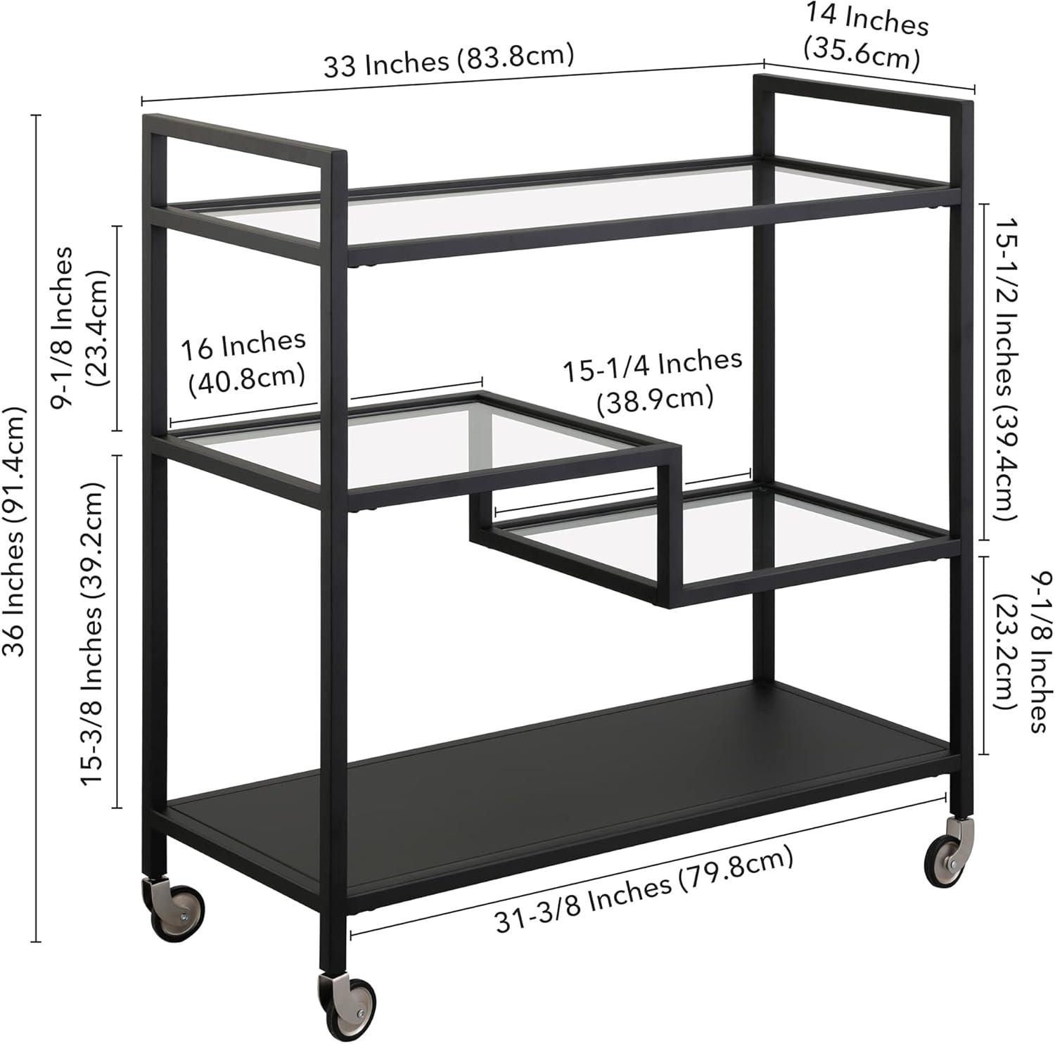Evelyn&Zoe Lovett 33" Wide Rectangular Bar Cart with Glass and Metal Shelves, Blackened Bronze