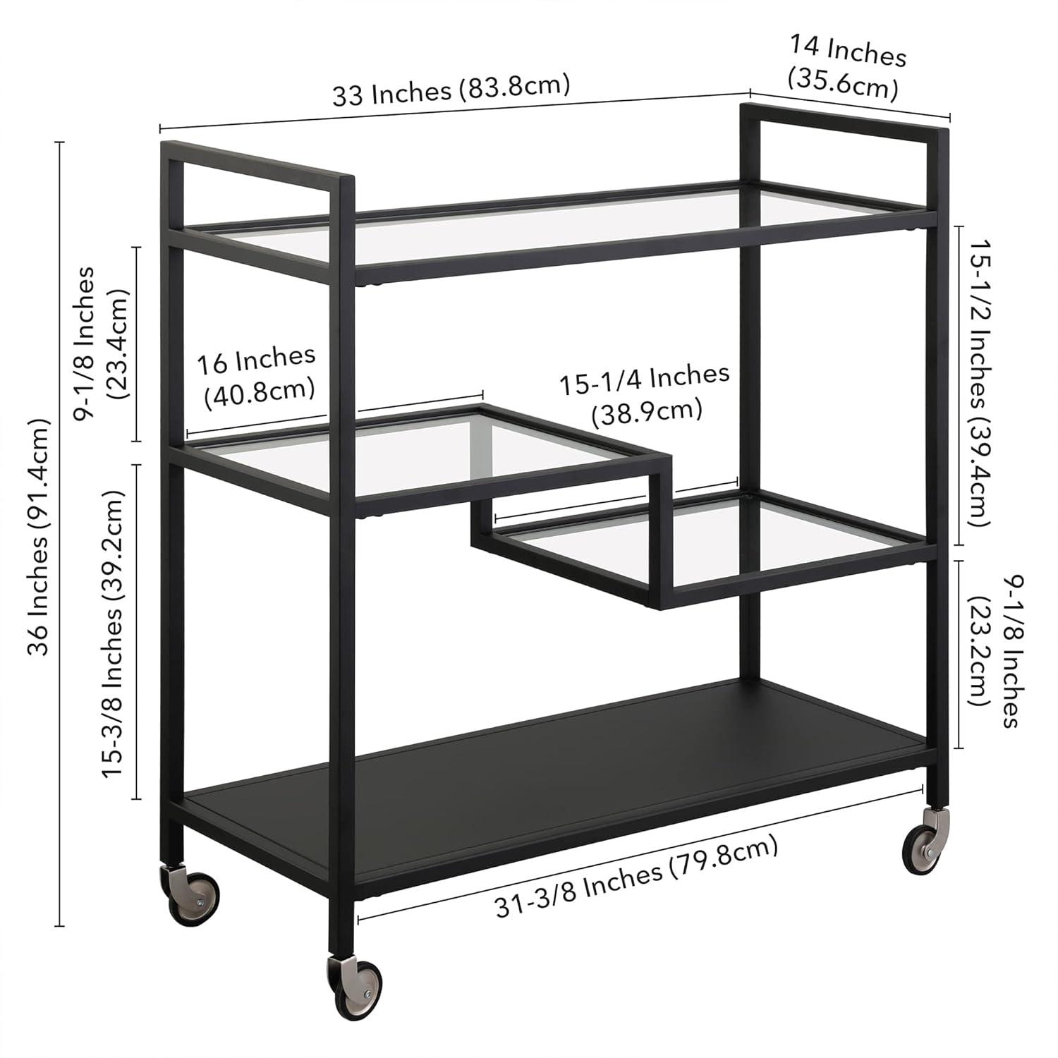 Evelyn&Zoe Lovett 33" Wide Rectangular Bar Cart with Glass and Metal Shelves, Blackened Bronze