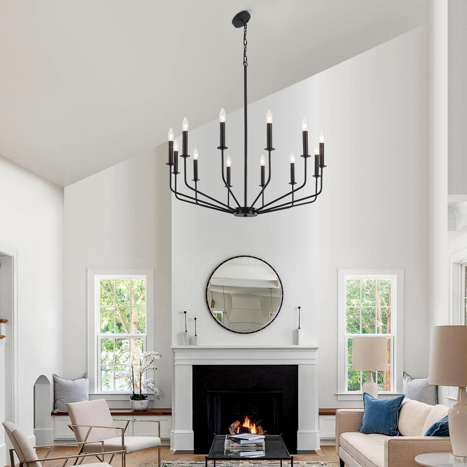 Farmhouse Black Large Chandelier Light Fixture for Dining Room,12 Light Round Matte Candle Modern Chandelier Pendant Light Fixture for Living Room Bedroom Kitchen Foyer Entryway.