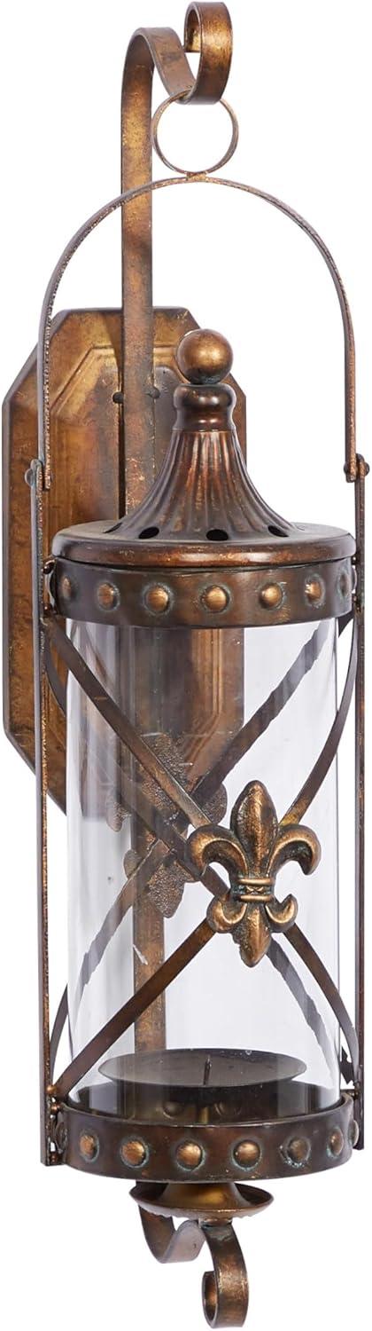 DecMode Bronze Metal Fleur De Lis Suspended Studded Wall Sconce with Scroll Details