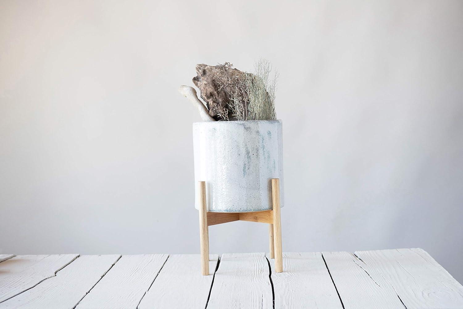 Creative Co-Op Round Stoneware Planter on Wood Holder (Set of 2 Pieces/Holds 10" Pot)