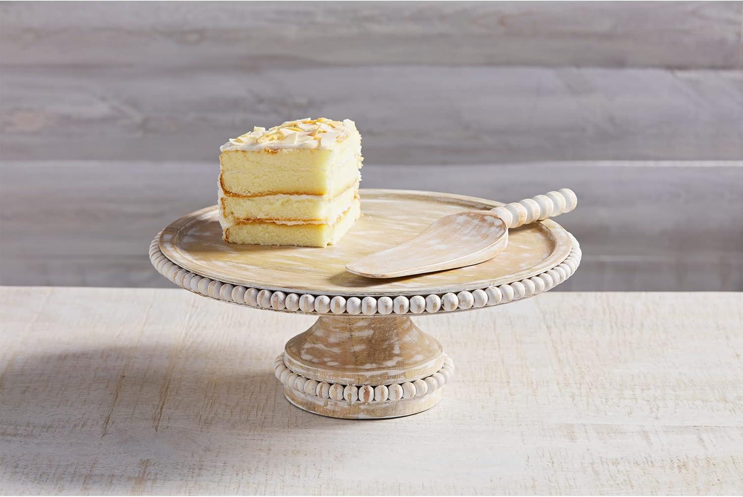 Whitewashed Beaded Mango Wood Pedestal Cake Stand Set