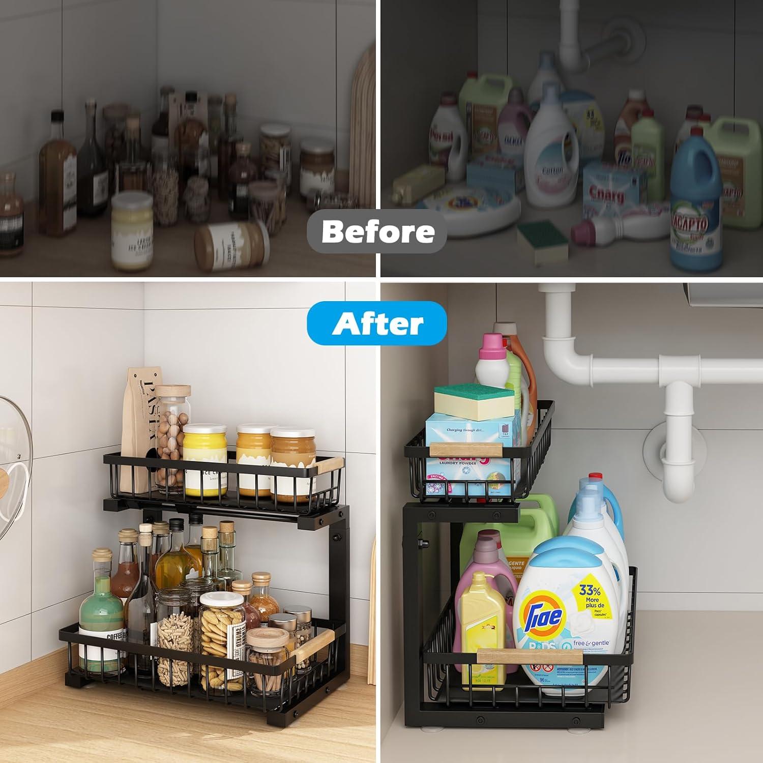 Rebrilliant Under Sink Organizer, 2 Tier Under Sink Organizers And Storage, Metal Slide Out Pull Out Cabinet Organizer ,2 Pack Sliding Drawer Organizer For Kitchen Bathroom Pantry