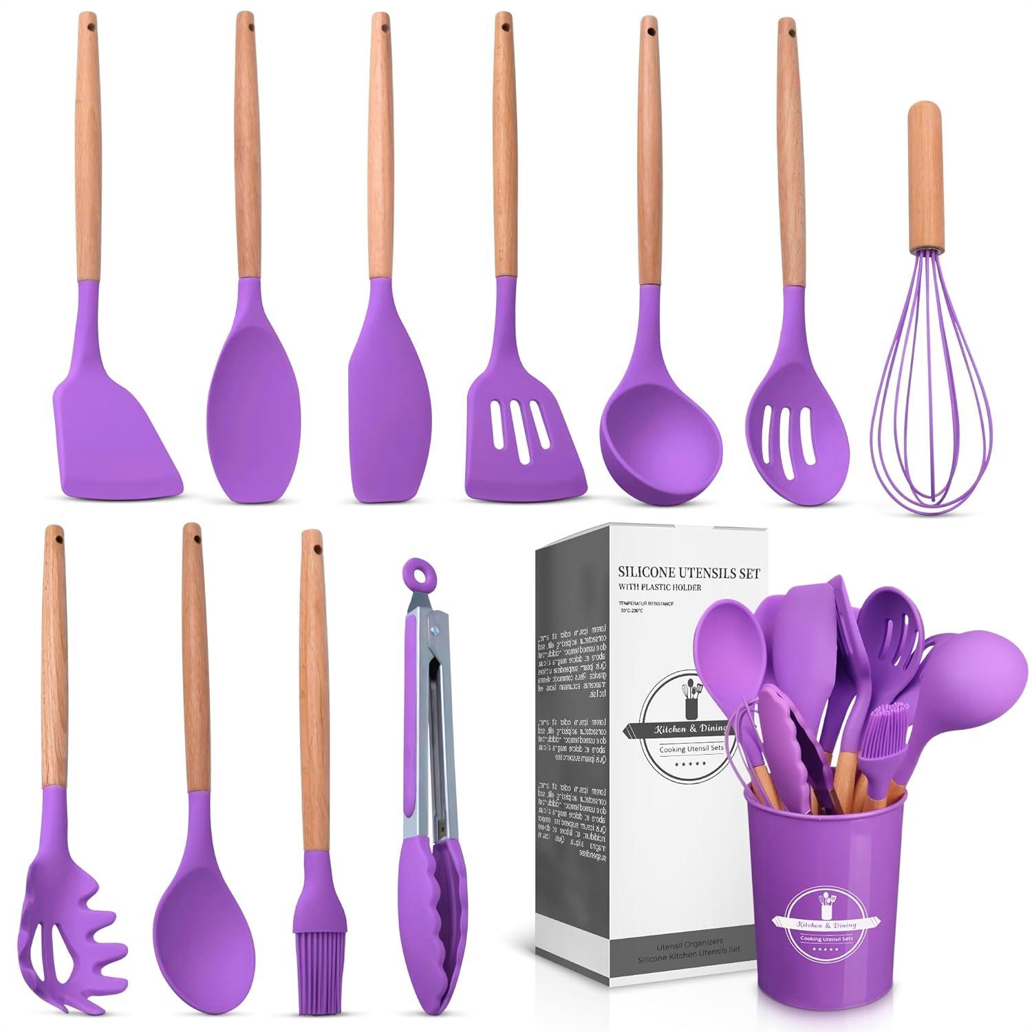 Silicone Cooking Utensils Set, KOSIY 12PCS Kitchen Utensils w/ Holder Wood Handle Non-Stick, Purple