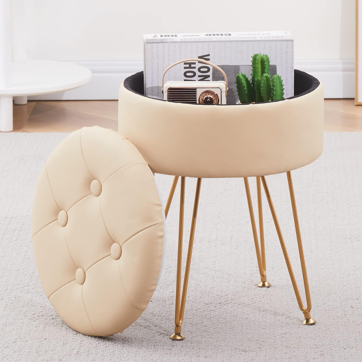 Cpintltr Storage Ottoman Oil Wax Faux Leather Round Footrest Stool Multifunctional Upholstered Ottoman with Metal Legs Modern Vanity Stools Tray Top Coffee Table for Living Room Bedroom White