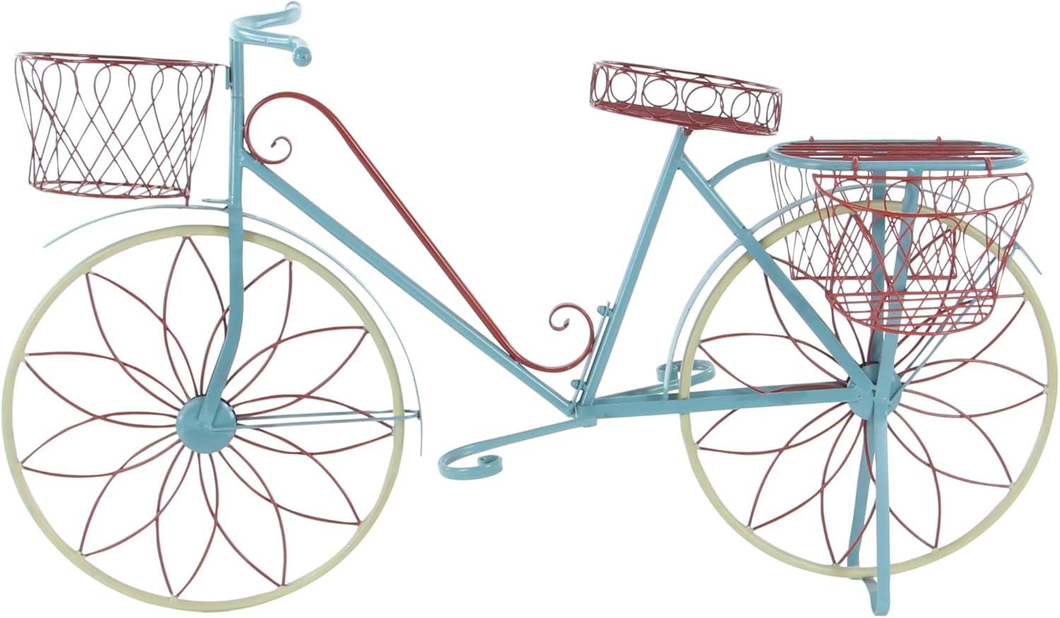 DecMode Vintage Turquoise/Red 3 Tier Bicycle Inspired Metal Plantstand, 54"W x 32"H