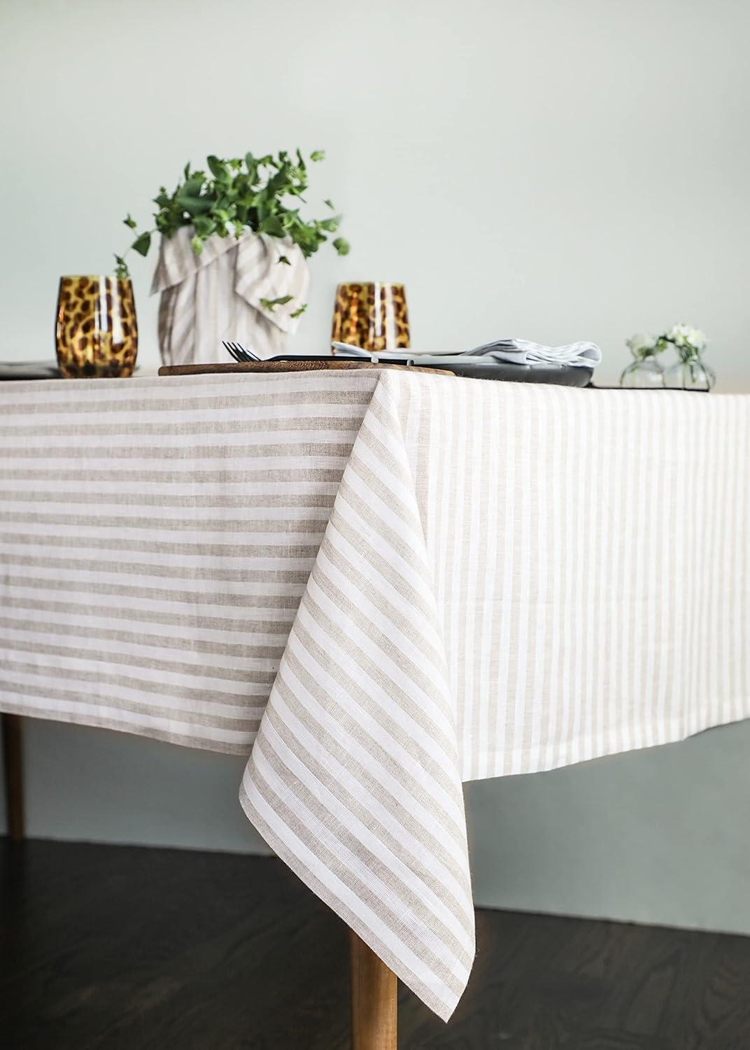 Natural and White Striped Linen Rectangular Tablecloth 60 x 90 Inch