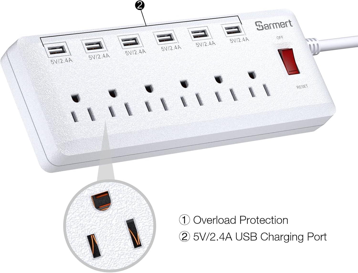 Black 6-Outlet Surge Protector with 4 USB Ports and 6ft Cord