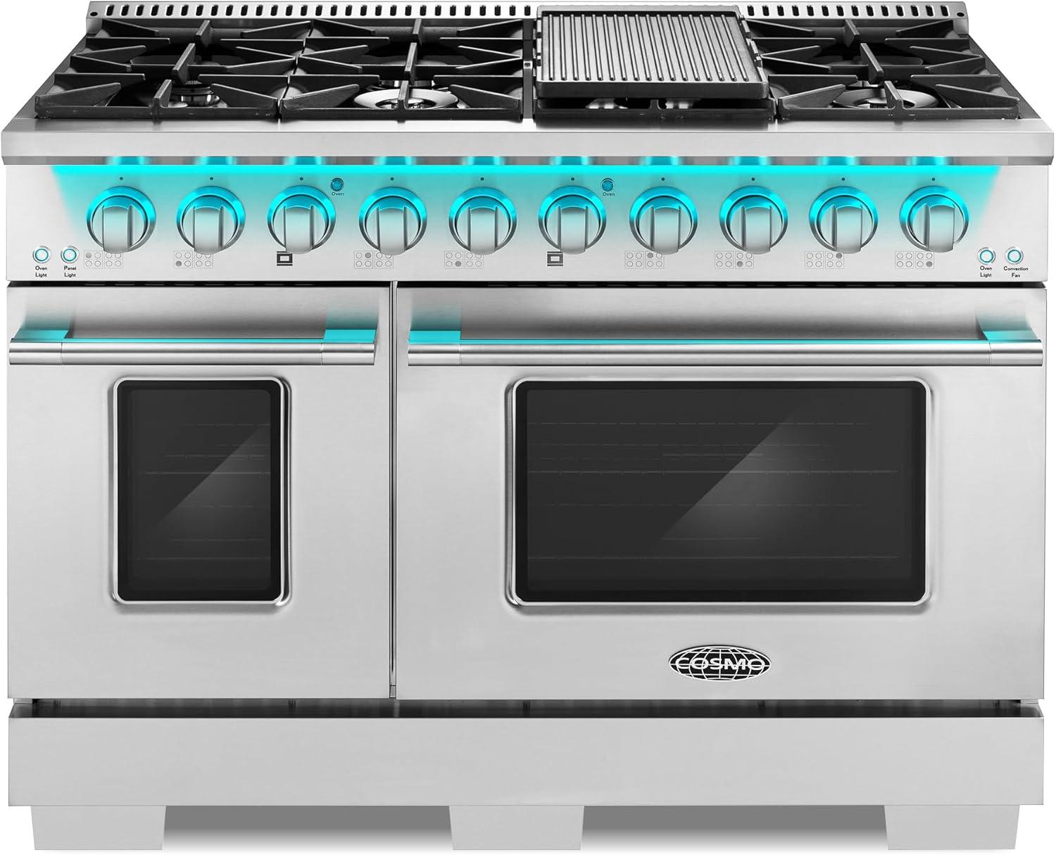 Cosmo COS-DFRP488K Cosmo 48 In. Lumin Collection 5.5 Cu. Ft. Double Oven Dual Fuel Range With 8 Burners, Cast Iron Grates In Stainless Steel