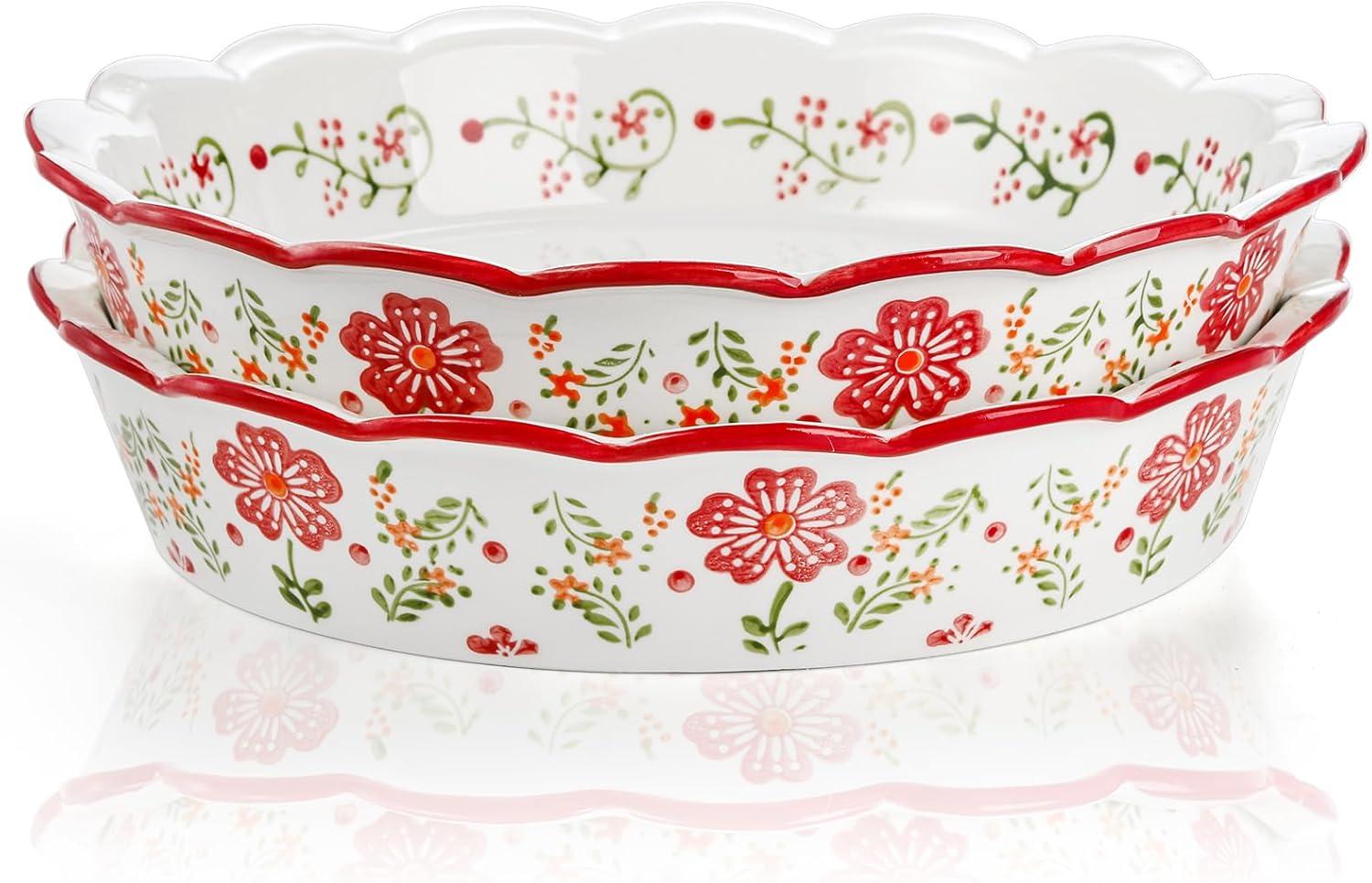 MASTER CRAFT WINDOW AND DOOR 2 Pack Ceramic Pie Plate For Baking With Fluted Rim, 9 Inch Round Pie Dish Colorful Floral Pie Pan Deep Quiche Baking Dish For Dessert, Pies, Quiche, Baking, Dishwasher And Microwave Oven Safe