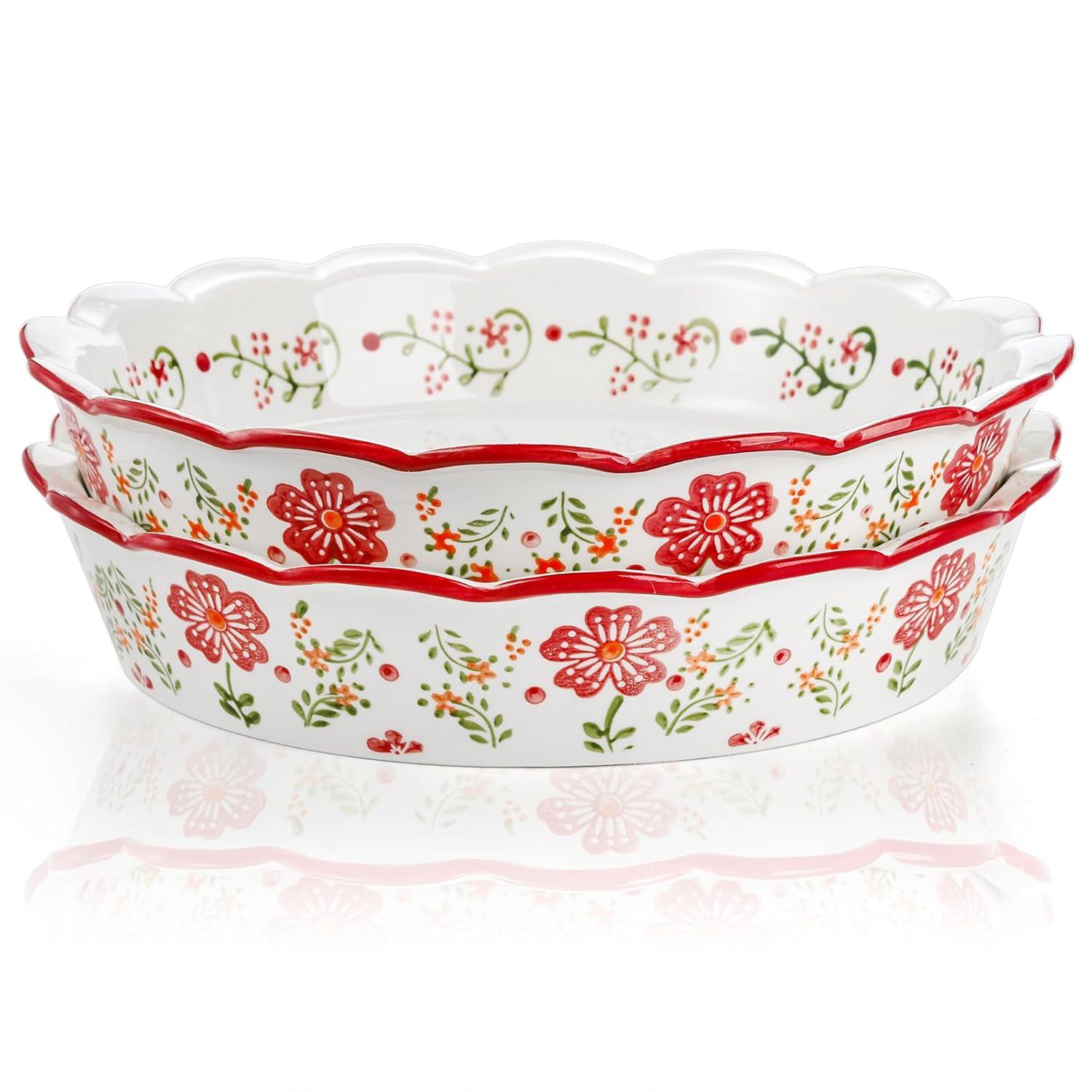 MASTER CRAFT WINDOW AND DOOR 2 Pack Ceramic Pie Plate For Baking With Fluted Rim, 9 Inch Round Pie Dish Colorful Floral Pie Pan Deep Quiche Baking Dish For Dessert, Pies, Quiche, Baking, Dishwasher And Microwave Oven Safe
