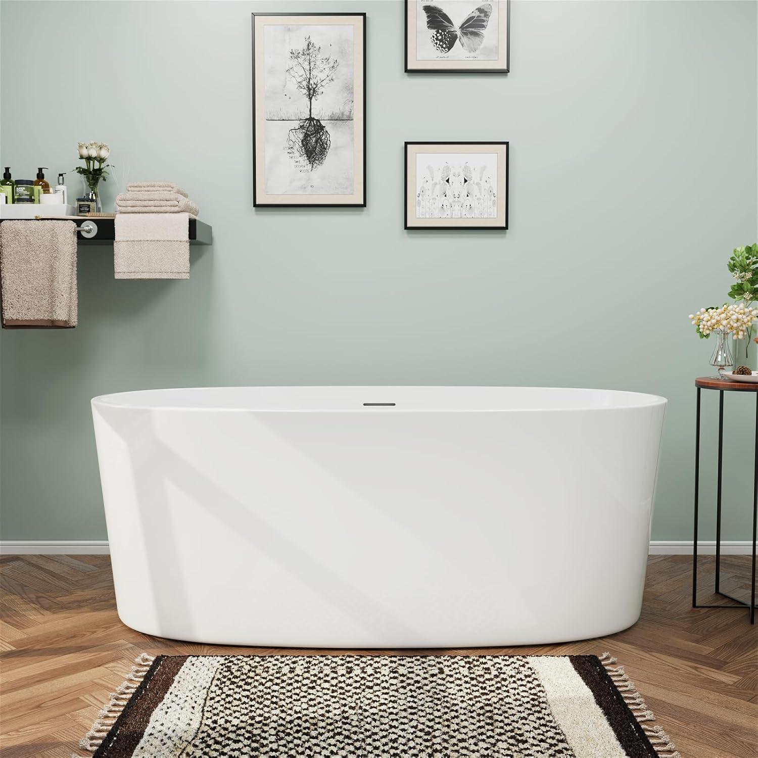 47" Glossy White Acrylic Freestanding Soaking Tub with Chrome Drain