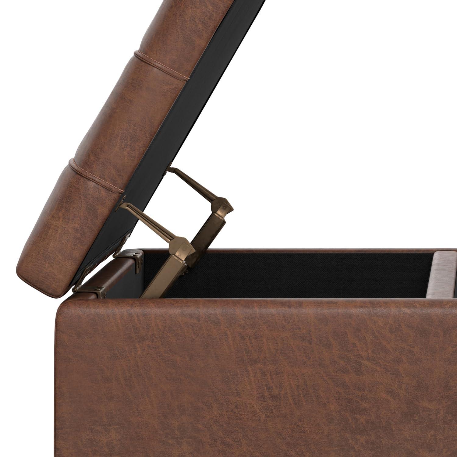 Simpli Home Laura 36 inch Wide Mid Century Square MidÂ CenturyÂ Lift TopÂ Storage Ottoman in Distressed Saddle Brown Vegan Faux Leather