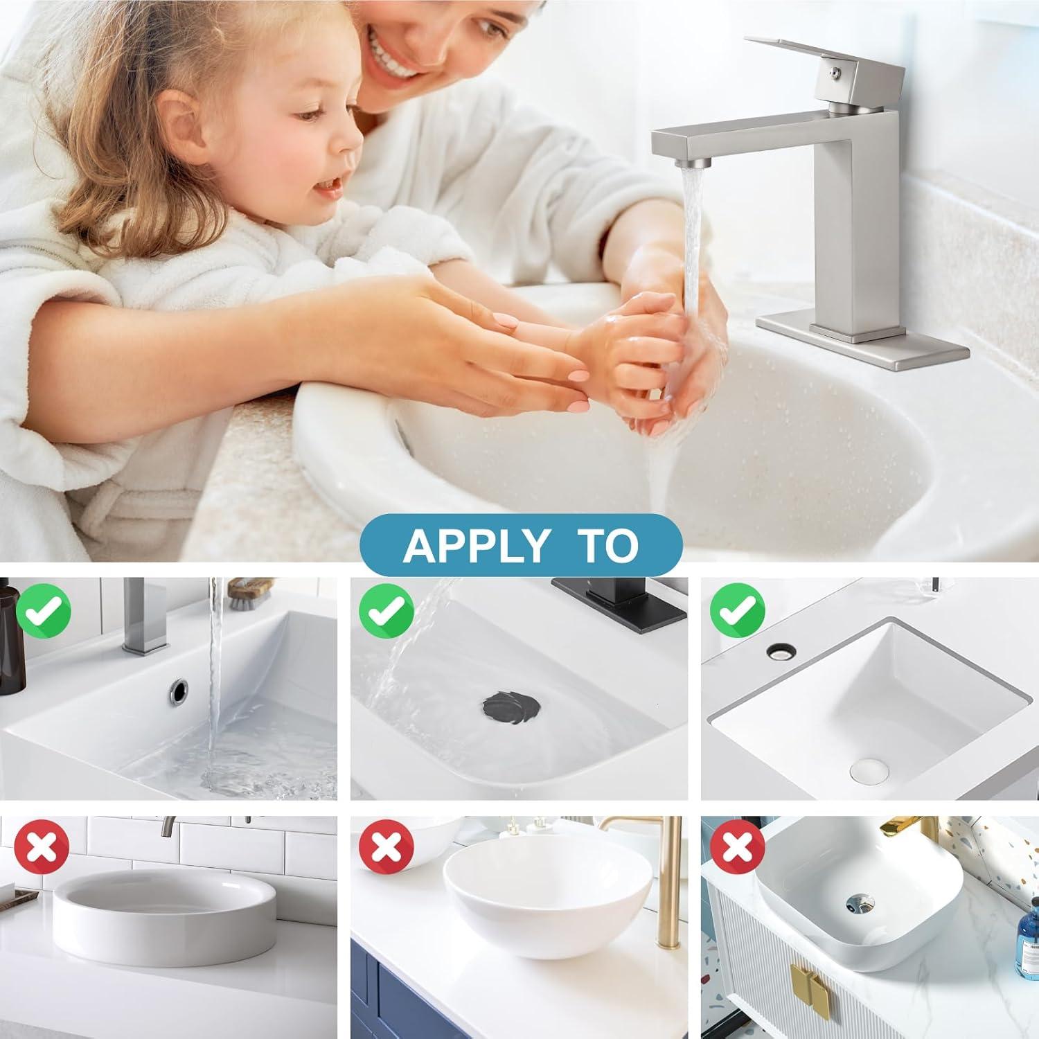 Midanya Bathroom Sink Faucet 1 Hole Single Handle Deck Mount Lavatory Bathroom Faucet Include Cover Plate Stainless Steel Commercial,with Pop Up Drain,Brushed Nickel