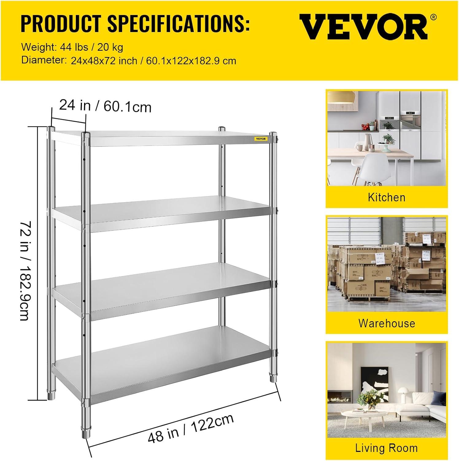 VEVORbrand Stainless Steel Shelving 46.8x18.5 inch 4 Tier Adjustable Shelf Storage Unit Stainless Steel Heavy Duty Shelving for Kitchen Commercial Office Garage Storage 330lb Per Shelf