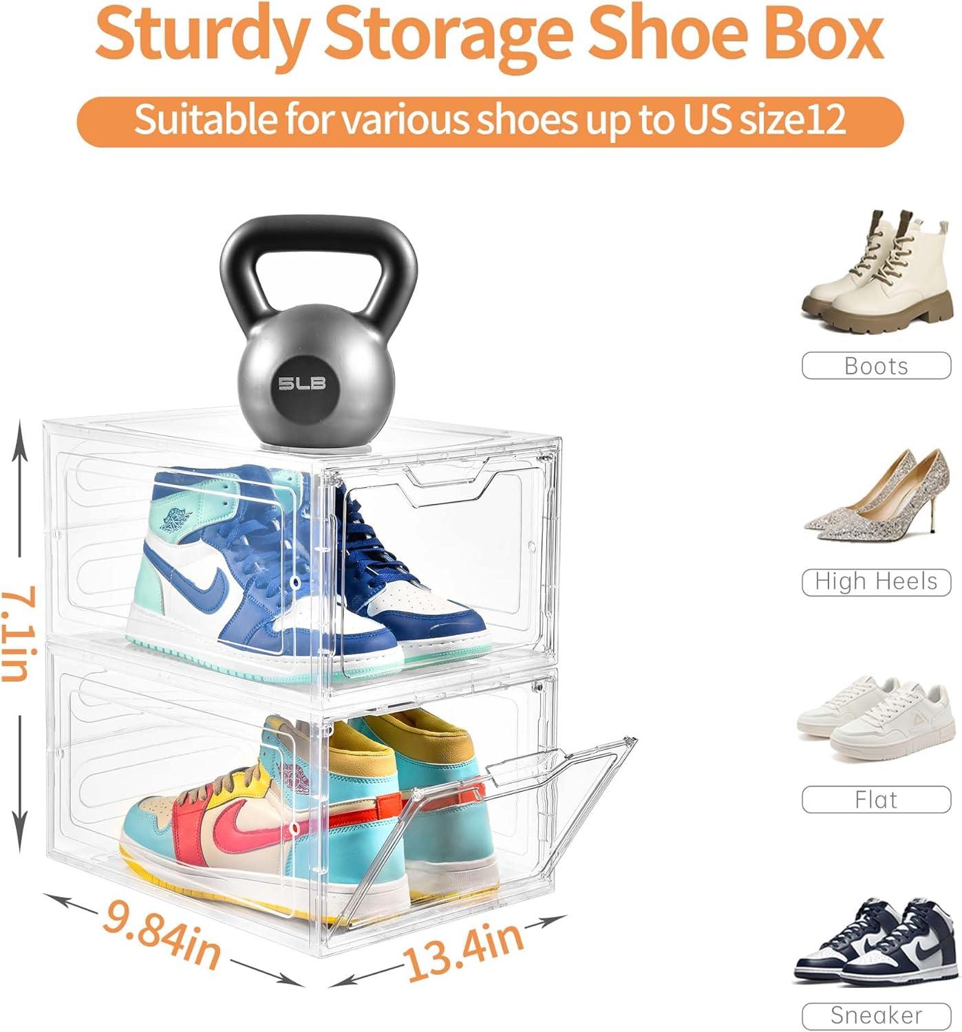 12 Pack Shoe Storage Boxes, Stackable Clear Boxes With Doors, Organizer Containers For Sneakers - Fit US Men's/Women's Size 12 (13.4"x 9.8"x 7.1")