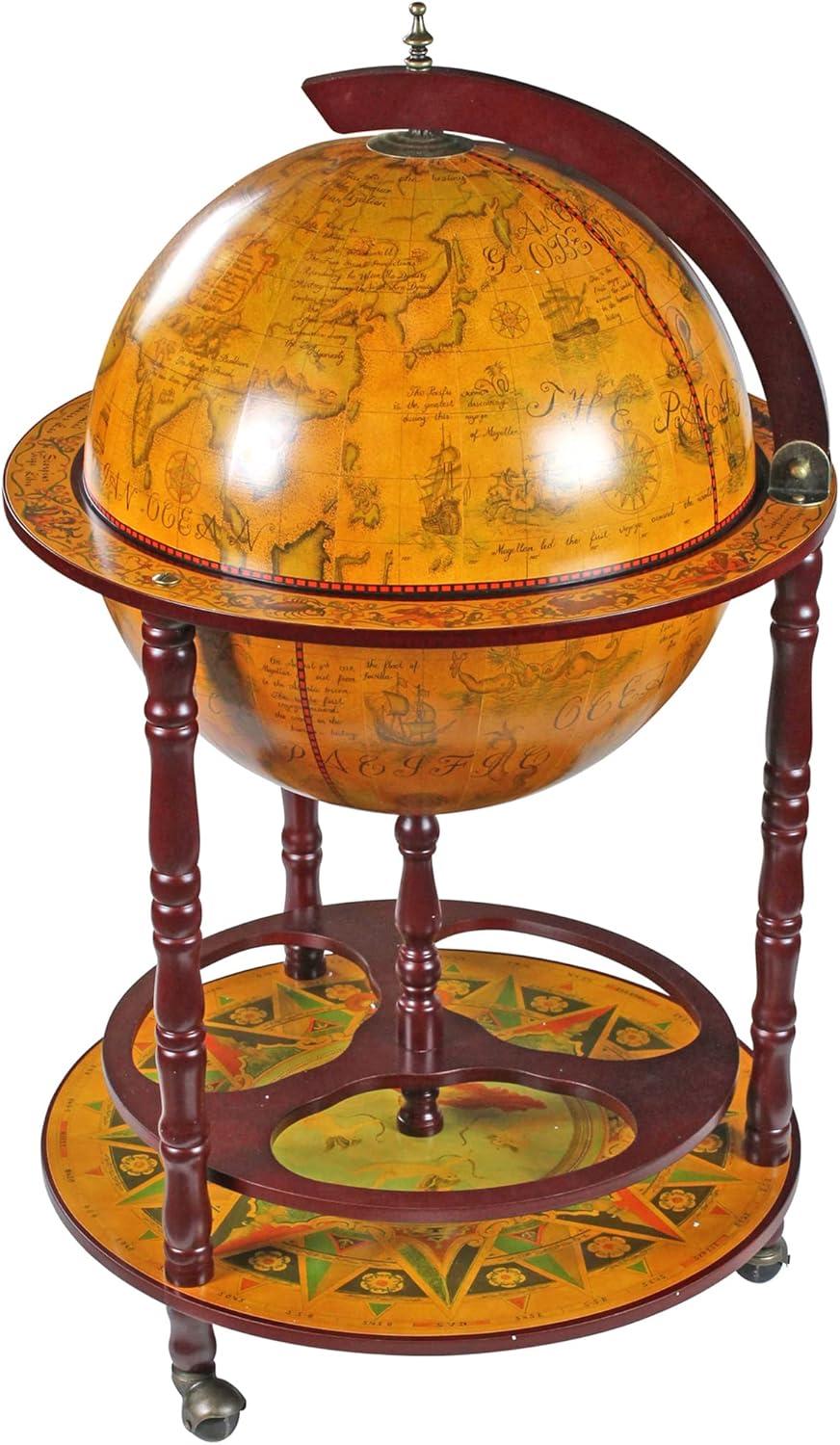 Italian Replica Globe Bar Cart Cabinet with Nautical Maps, Sepia Brown