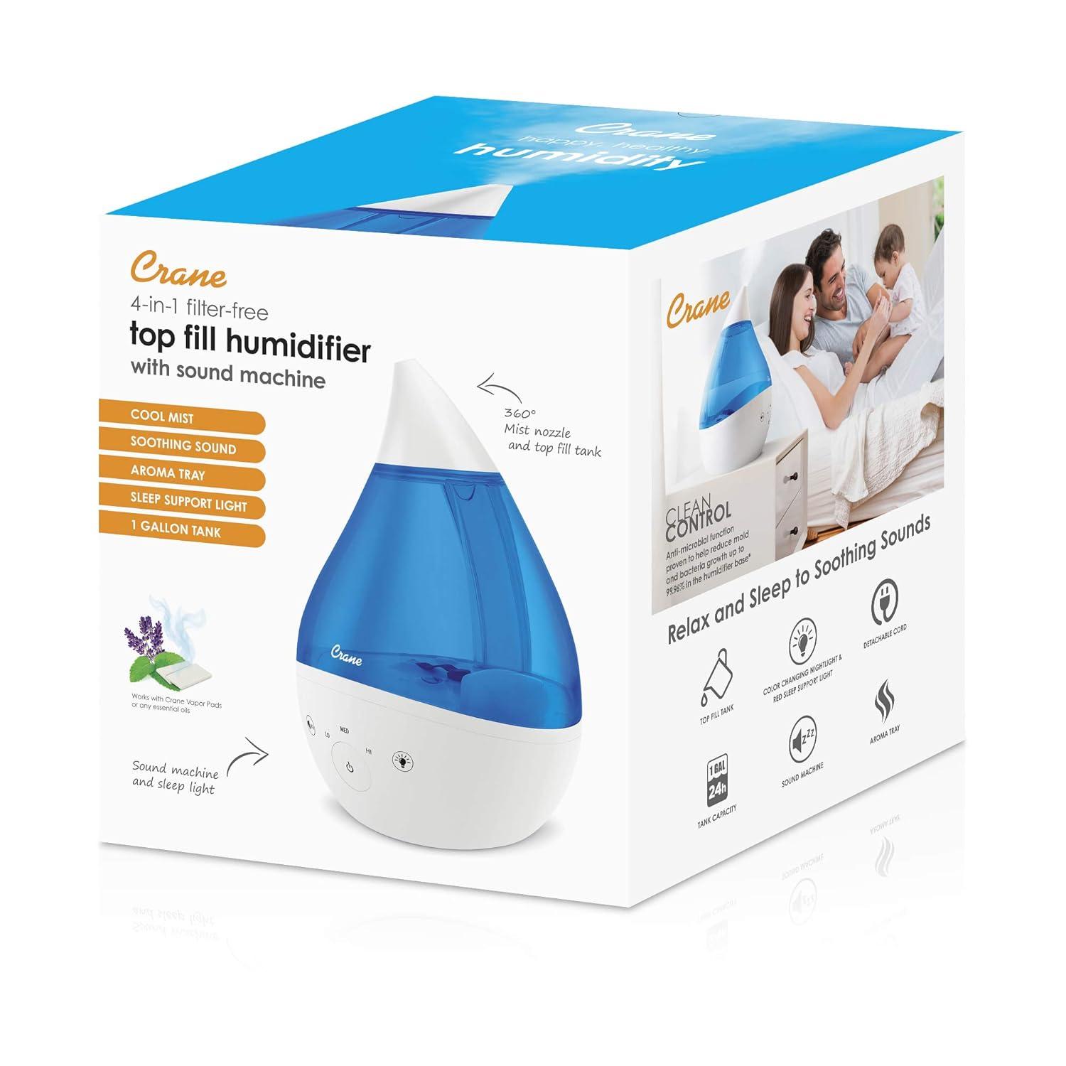 Crane USA Drop 2.0 , 4-in-1 Cool-Mist Humidifier with Aroma Tray & Sound Machine