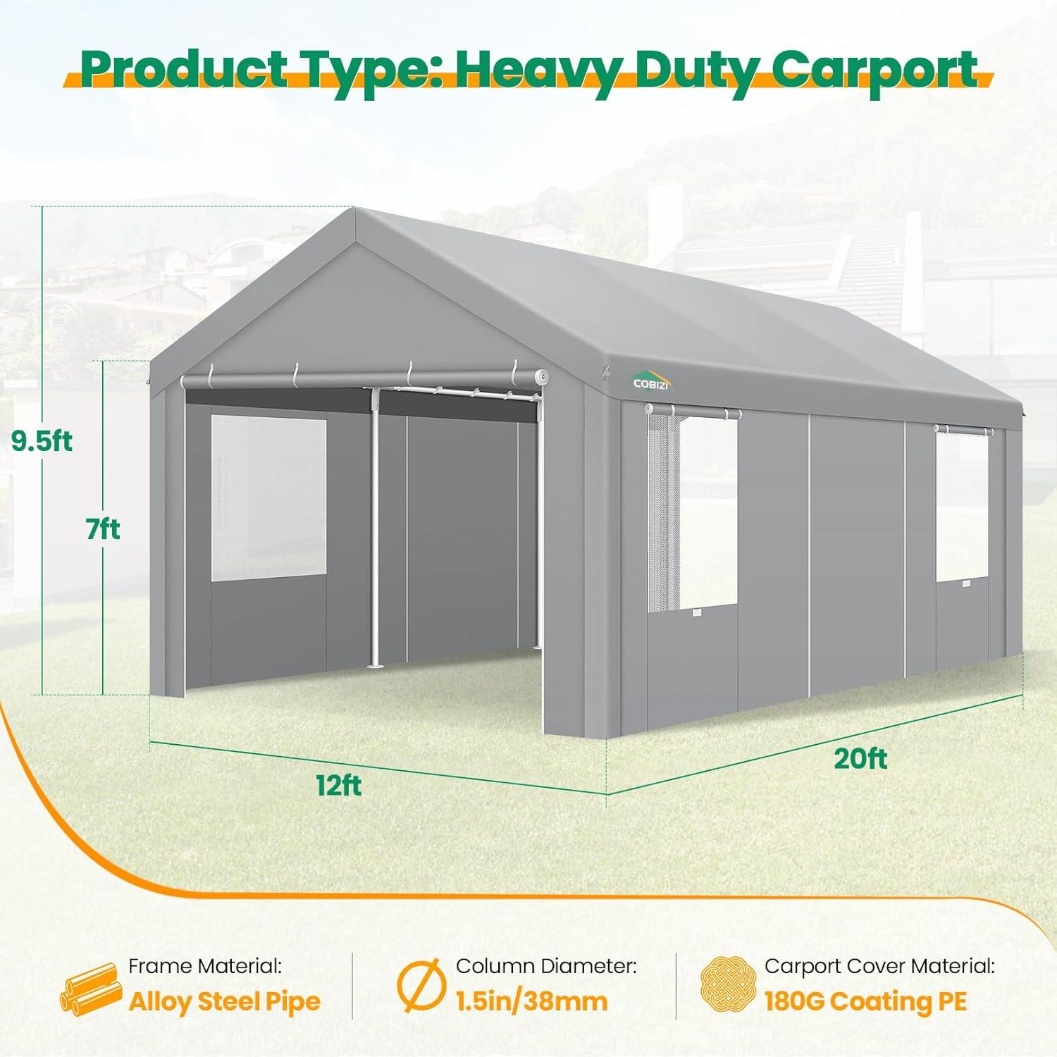 Dark Gray 12' x 20' Portable Carport with Windows