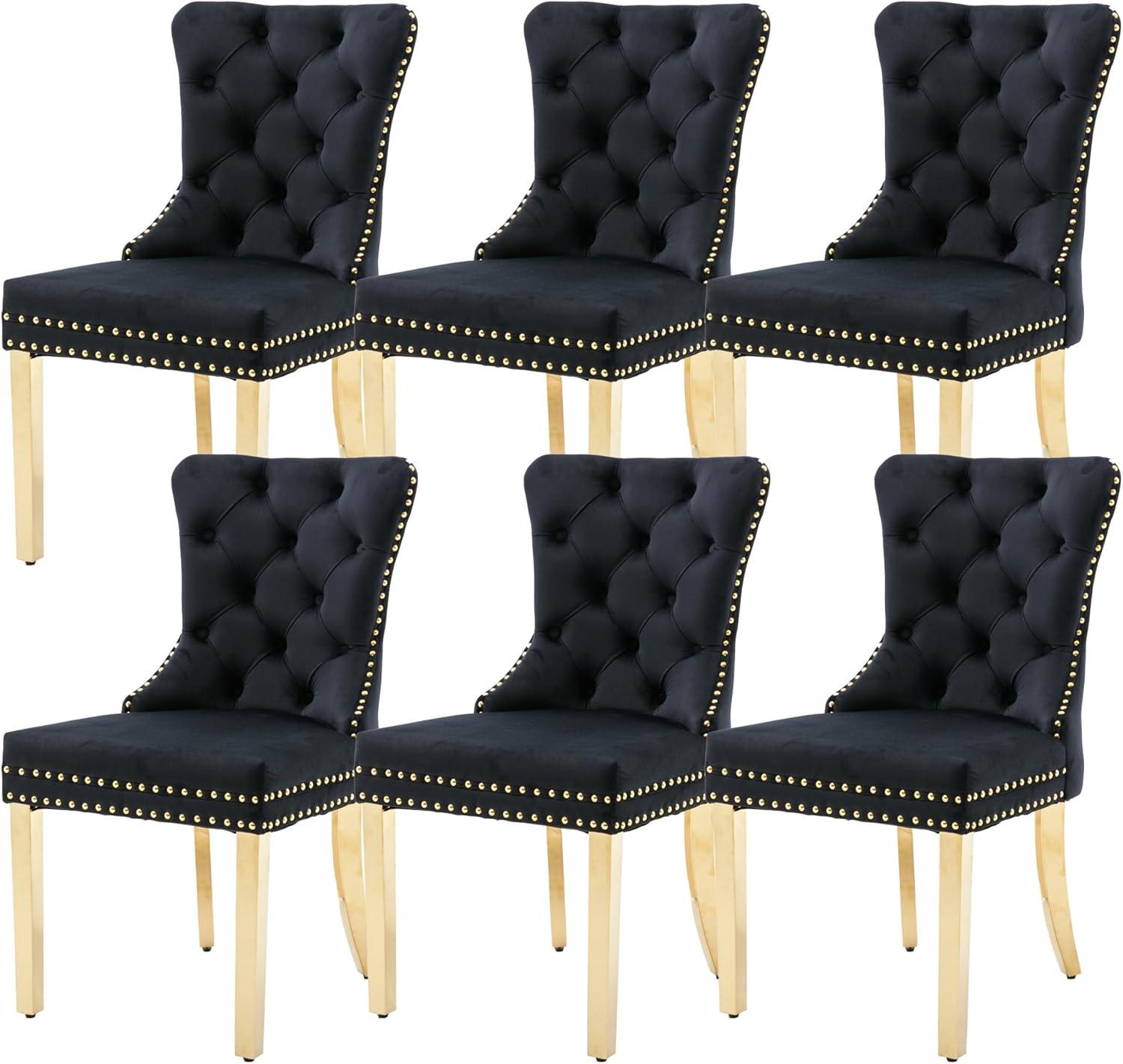 ODUSE-DAILY Black Velvet Dining Chairs Set of 6, Kitchen & Dining Room Chairs, Nailheads Tufted, Sillas De Comedor, Fabric Upholstered, Golden Metal Legs (Black, 6 Pcs)