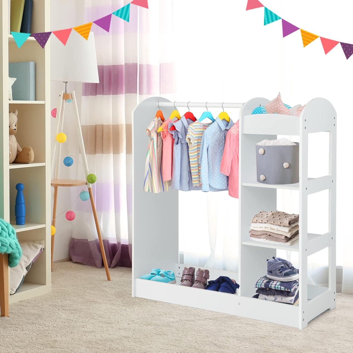 Gymax Kids Dress Up Storage Armoire with Mirror and Shelves (White)
