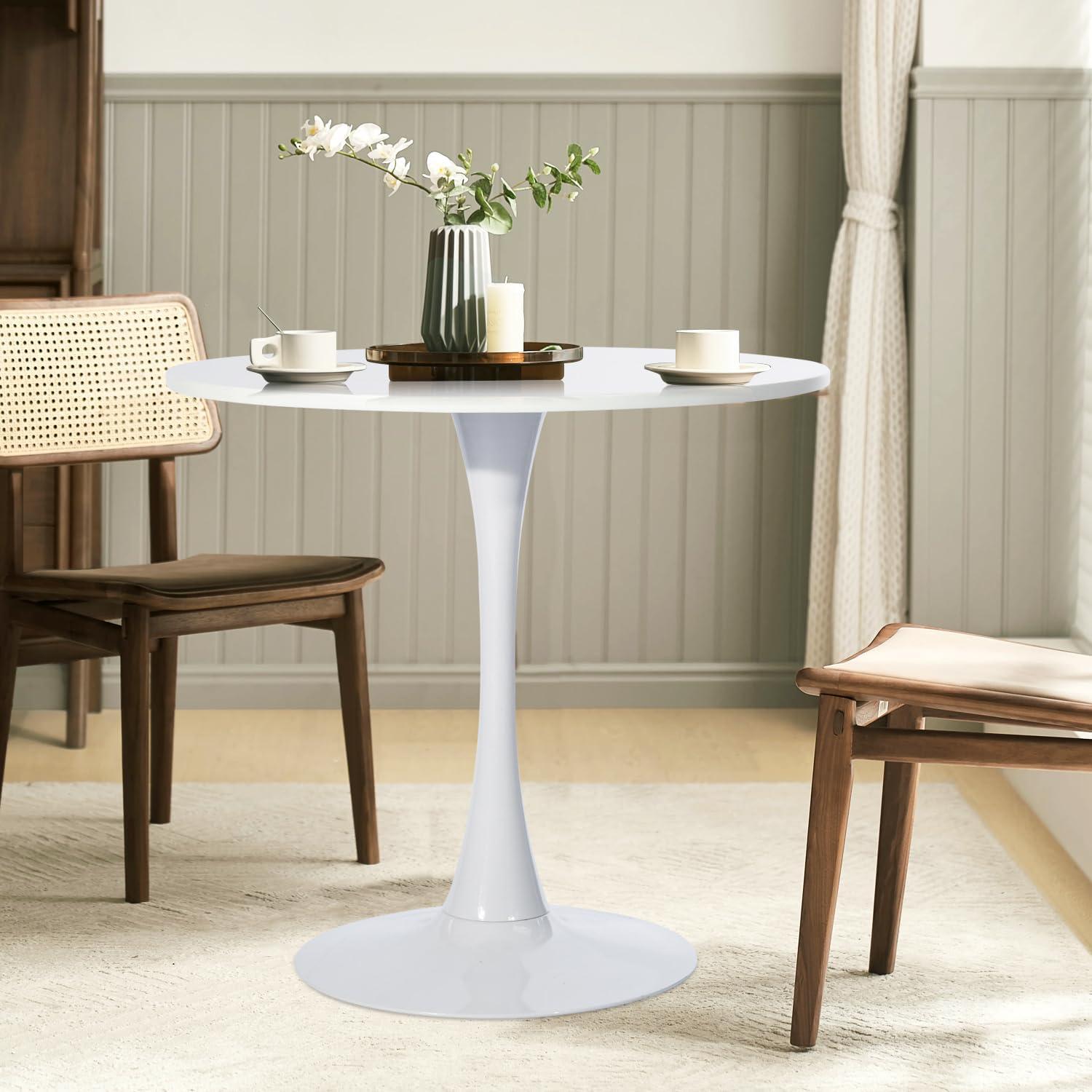 Round Dining Table,31.5”Kitchen Table for 2-4 People,MDF Table Top with Metal Pedestal Base,Tulip Design for Kitchen,Dining Room,Living Room,Leisure,White