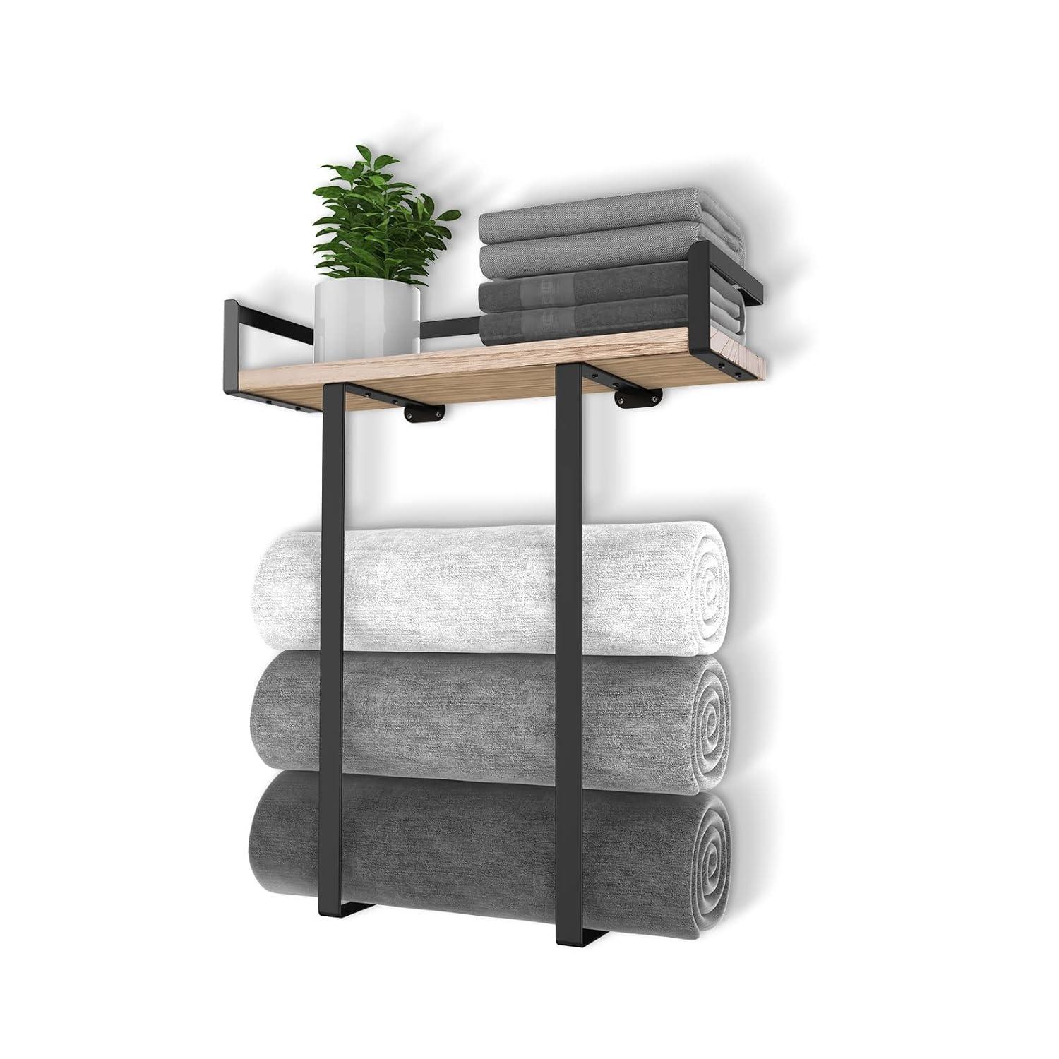 Towel Racks For Bathroom Wall Mounted, Xstydes Metal Towel Holder With Wooden Shelf For Folding Large Towels, Towel Storage For Small Bathroom Organizer Decor Or RV Camping