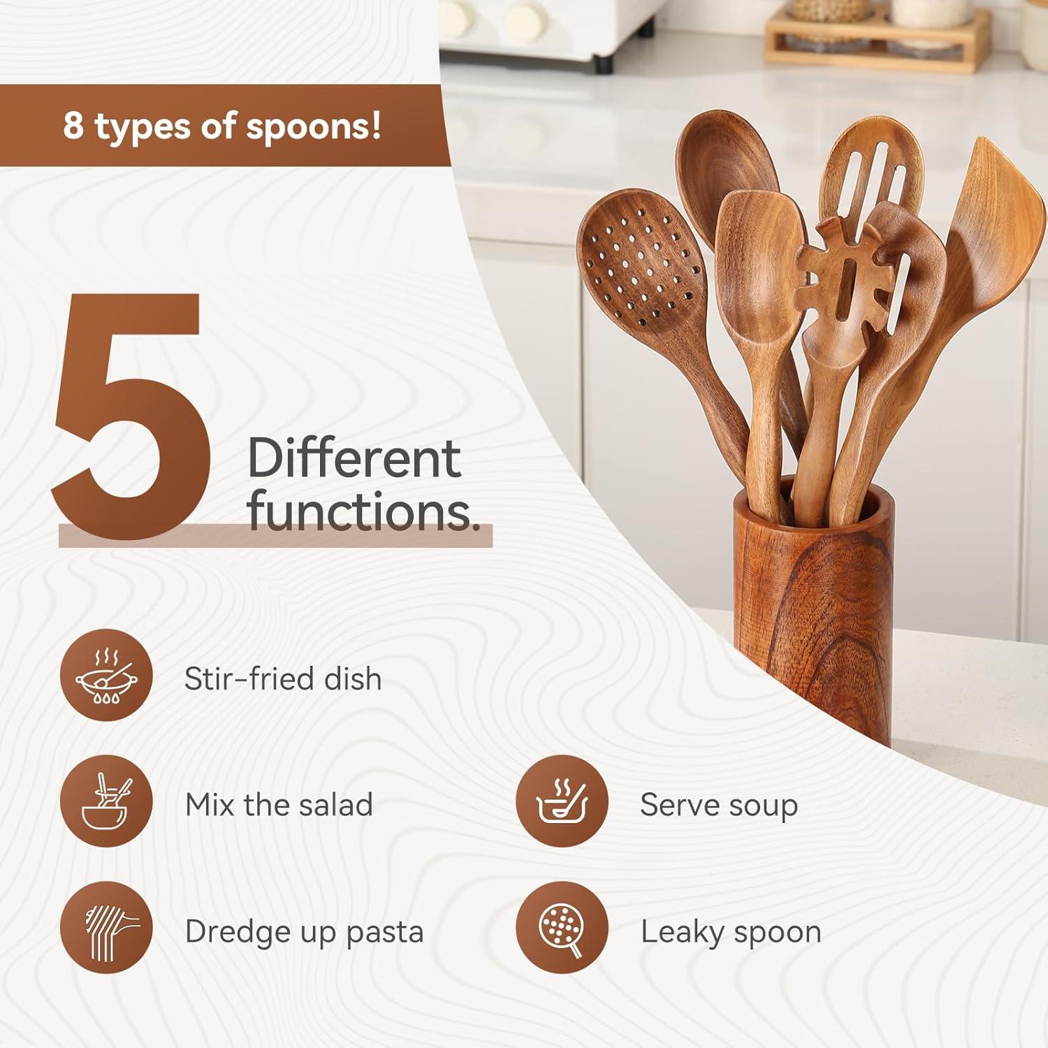 Wooden Spoons for Cooking, 10 Pcs Teak Wood Cooking Utensil Set ‚ Wooden Kitchen Utensils for Nonstick Pans & Cookware ‚ Sturdy, Lightweight & Heat Resistant