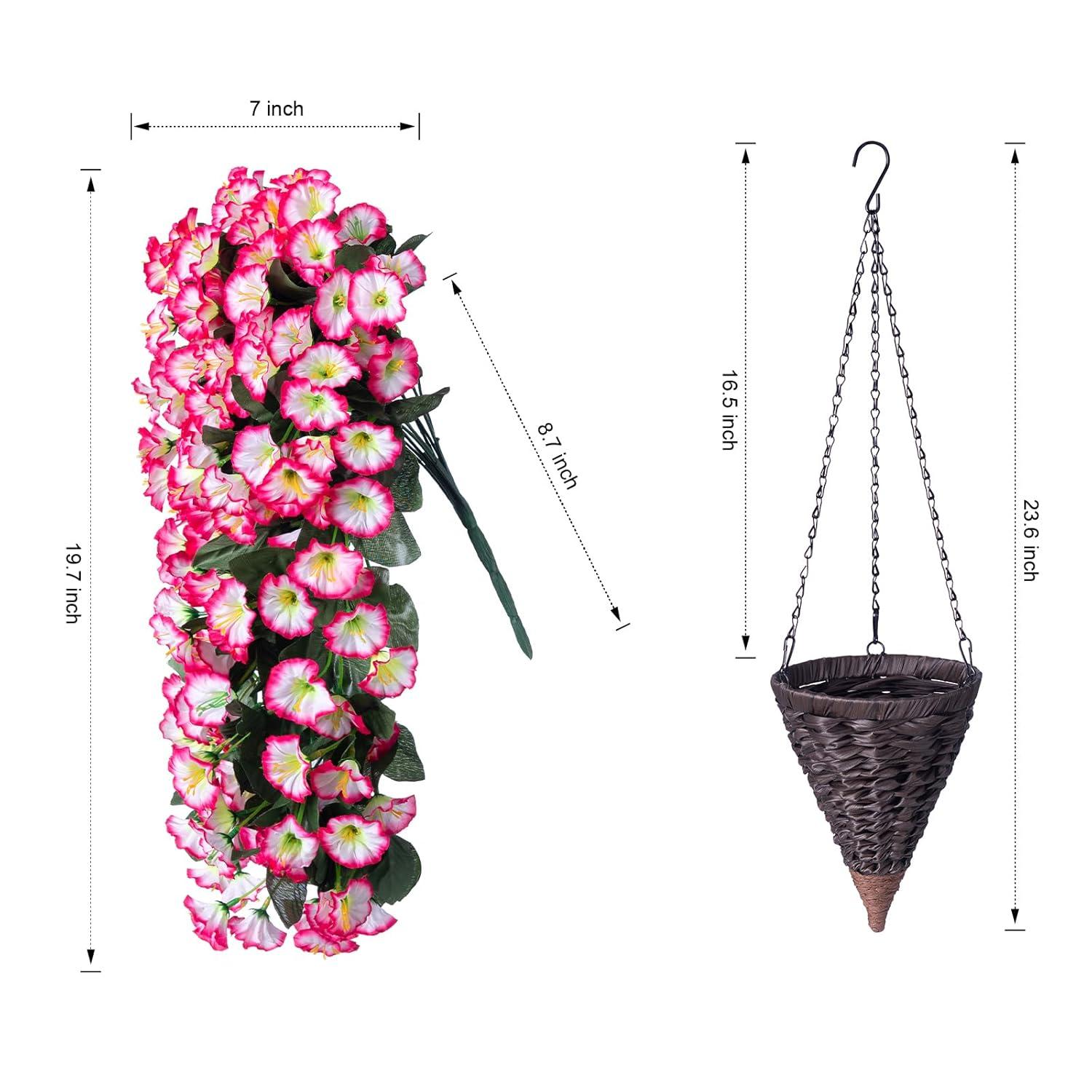 Artificial Hanging Flowers in Basket Fake Plant for Outside, Silk Pink Morning Glory Flower Arrangement for Outdoor Decor, UV Resistant Realistic Floral Planter for Porch Patio Balcony