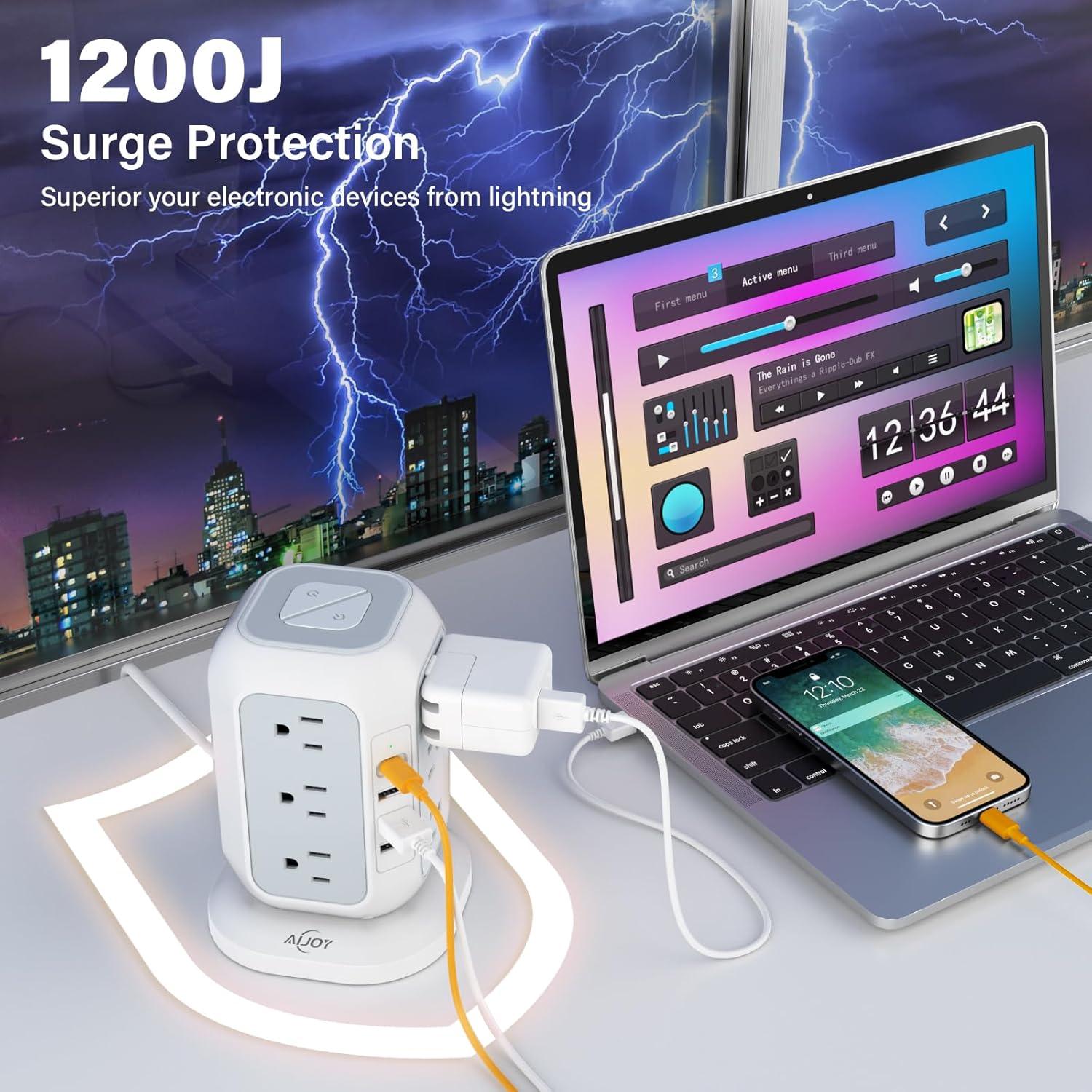 Compact White and Gray ABS Travel Power Strip Tower with USB Ports