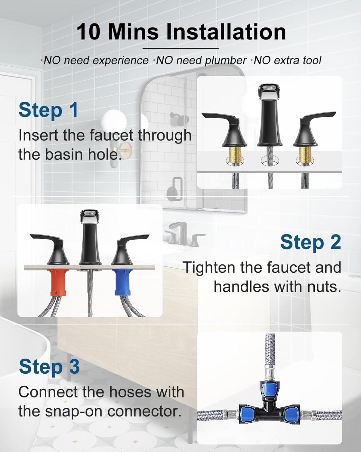 Bathroom Faucet 3 Hole Black, 8 inch Widespread Bathroom Faucet Waterfall Face Basin Faucet for Bathroom Sink, Matte Black (A.Matte Black)
