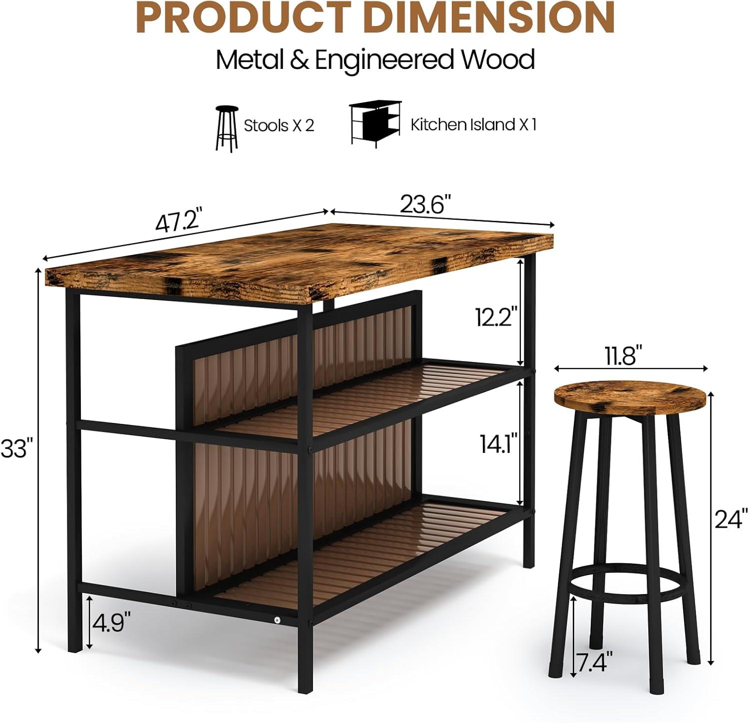 DKLGG Kitchen Island with Storage, 3 Piece Dining Table Set with 2 Tier Storage Shelves, Bar Table with Barstool, Sturdy Island Table with Chairs for Restaurant, Living Room