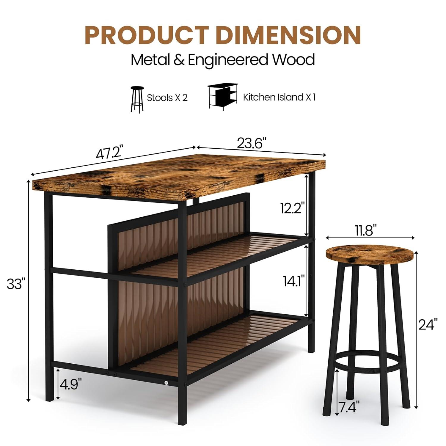 DKLGG Kitchen Island with Storage, 3 Piece Dining Table Set with 2 Tier Storage Shelves, Bar Table with Barstool, Sturdy Island Table with Chairs for Restaurant, Living Room
