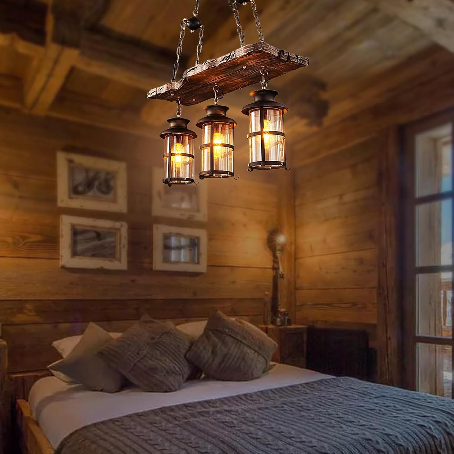 3-Light Rustic Kitchen Island Pendant Lamp Farmhouse Wood Iron Chandelier Industrial Ceiling Hanging Light with Glass Lampshade for Dining Living Room Restaurant Cafe Bar 39.4 x 27 in E26/E27 Base