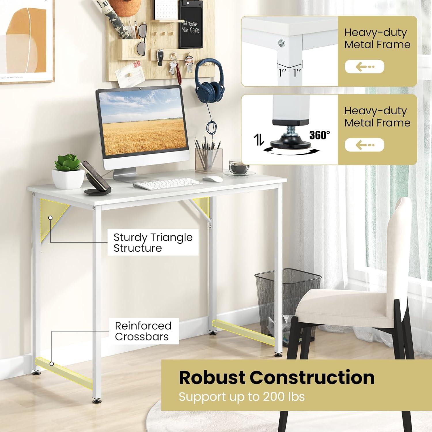 40-Inch White Wood Computer Desk with Metal Frame