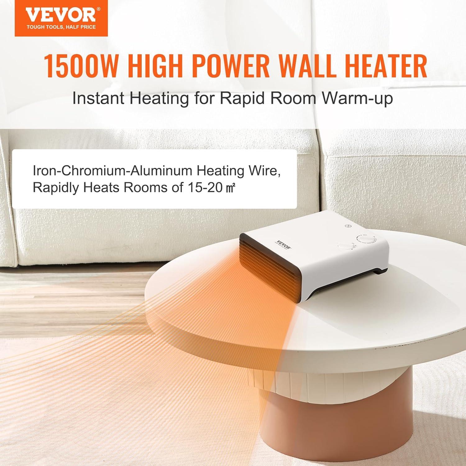 VEVOR 1500 Watt 250 BTU Electric Wall Mounted Space Heater with Adjustable Thermostat