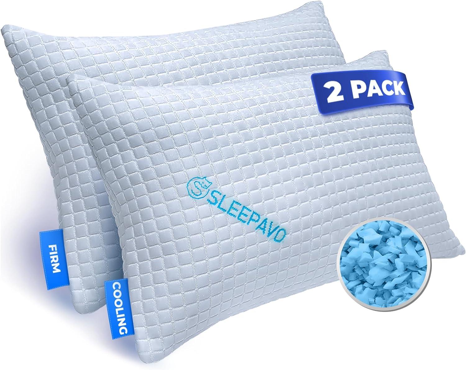 Queen Size Shredded Memory Foam Bed Pillows -  2 Pack Extra Firm Pillows (Set of 2)